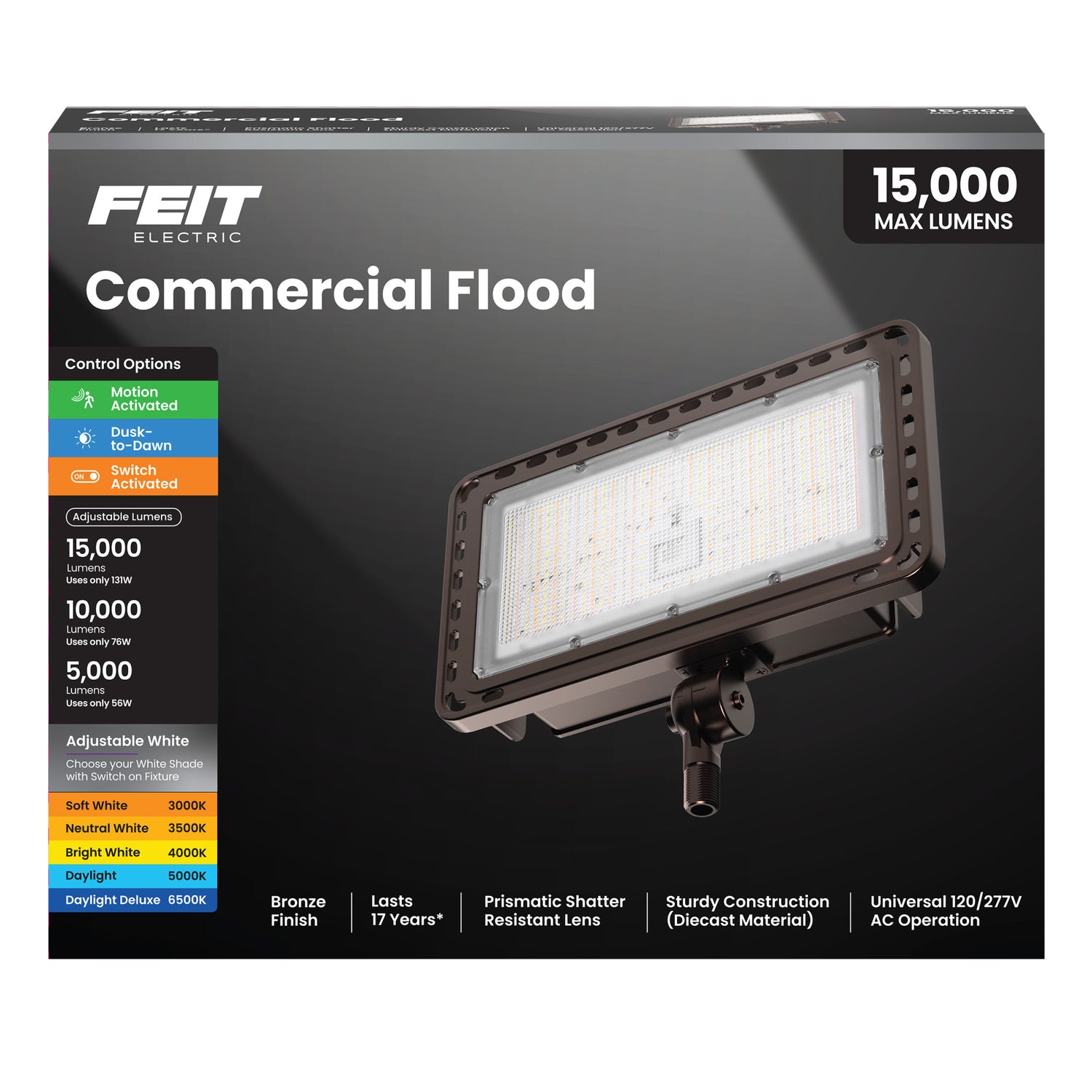 13.5 in. 5000/10000/15000 Lumens Adjustable White Commercial Single Head Motion LED Flood Light, Bronze