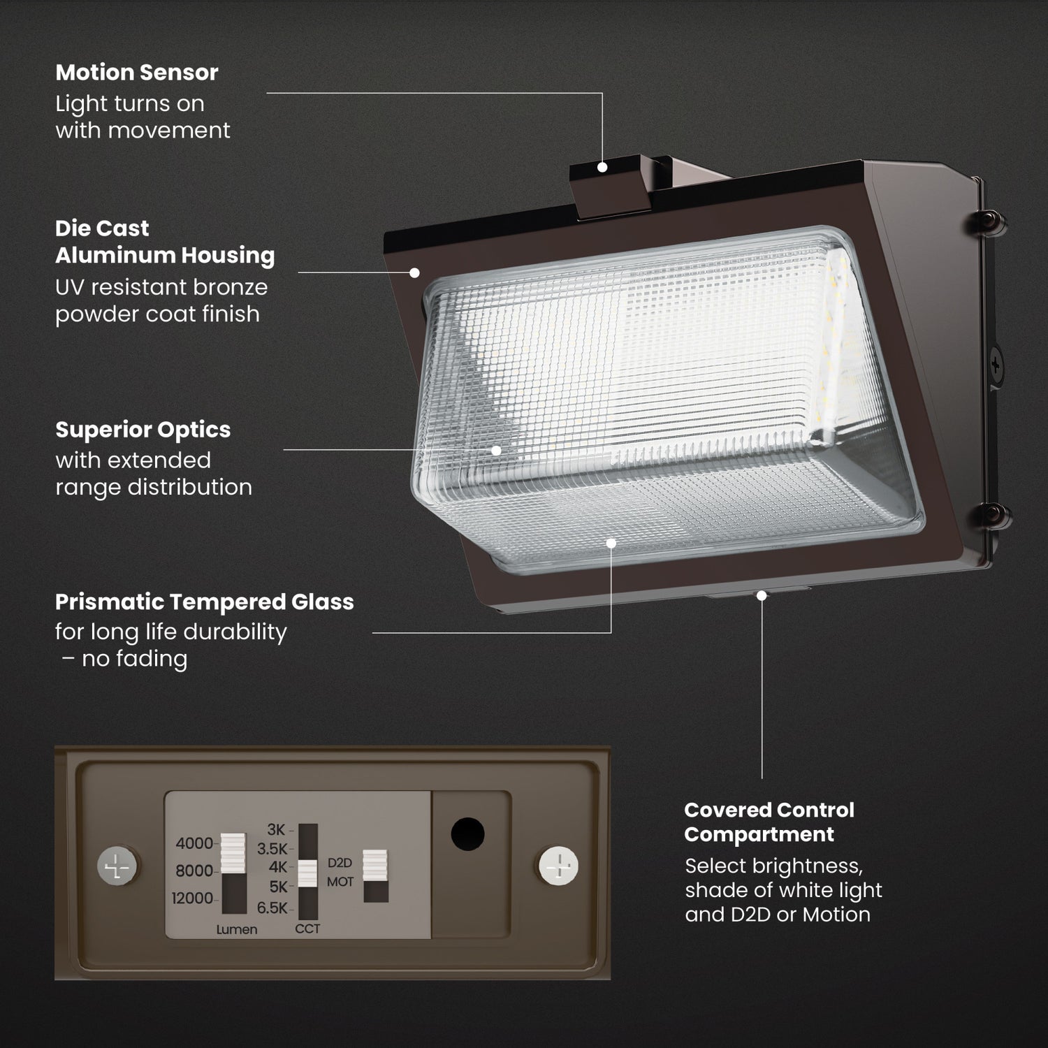 12000/8000/4000 Lumen Adjustable White Commercial Motion Wall Pack Light