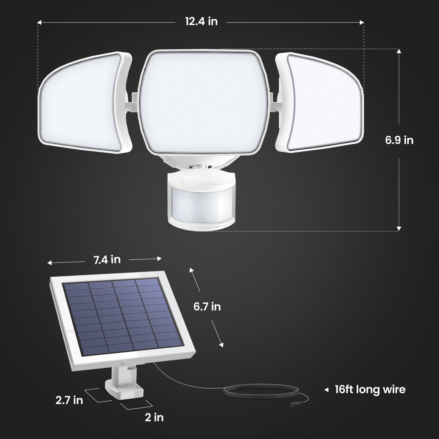 13 in. Daylight White (5000K) White Triple Head LED Solar Security Flood Lights with Motion Sensor