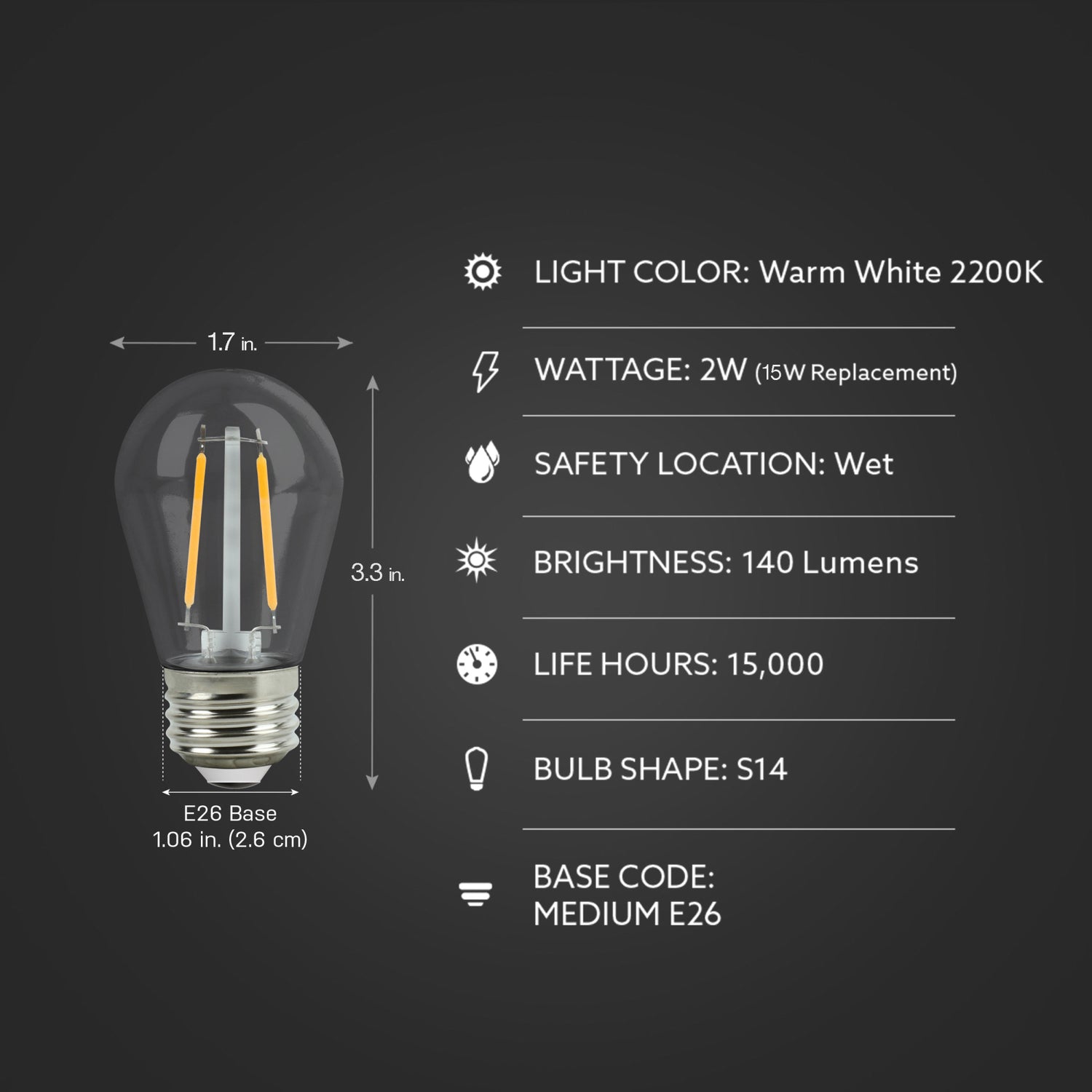 2W (22W Replacement) Warm White (2200K) S14 Base (E26 Replacement) LED High Output String Light Bulb Replacement (12-Pack)