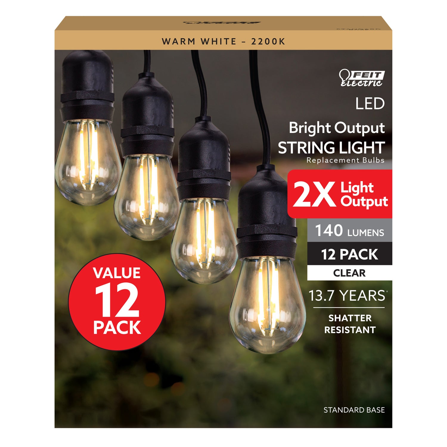 2W (22W Replacement) Warm White (2200K) S14 Base (E26 Replacement) LED High Output String Light Bulb Replacement (12-Pack)