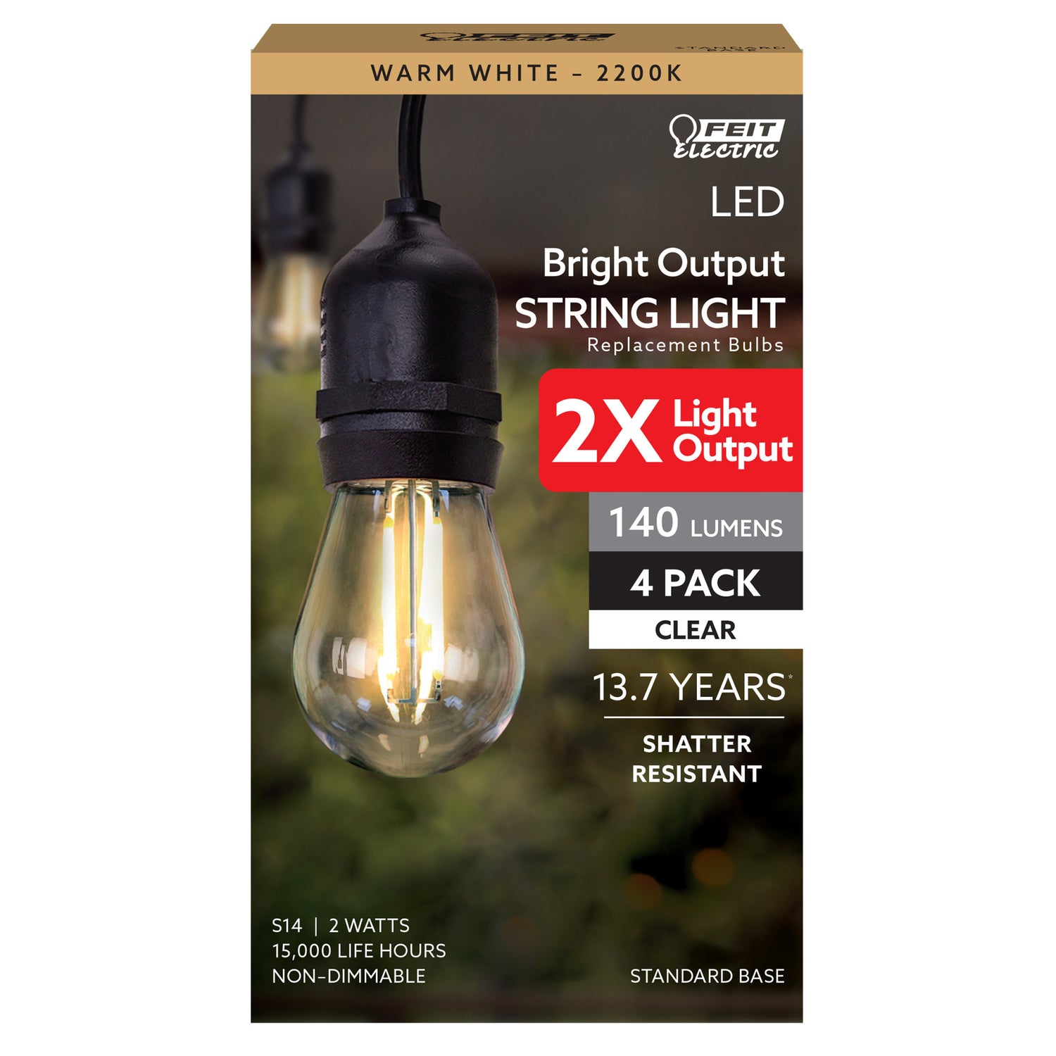 2W Warm White (2200K) E26 Base (S14 Replacement) High Output LED String Light Replacement Bulbs (4-Pack)