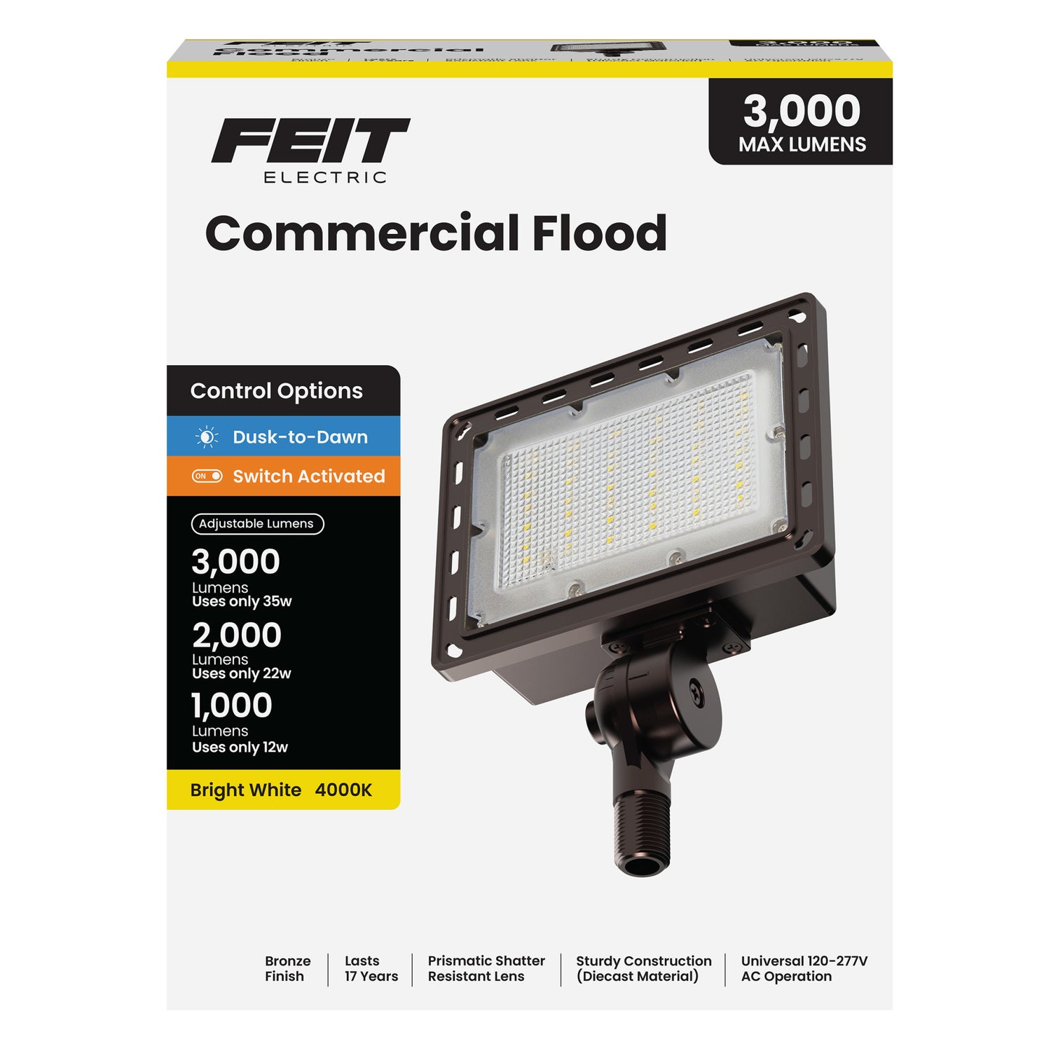 3000/2000/1000 Lumens Bright White (4000K) Commercial Flood Light, Bronze