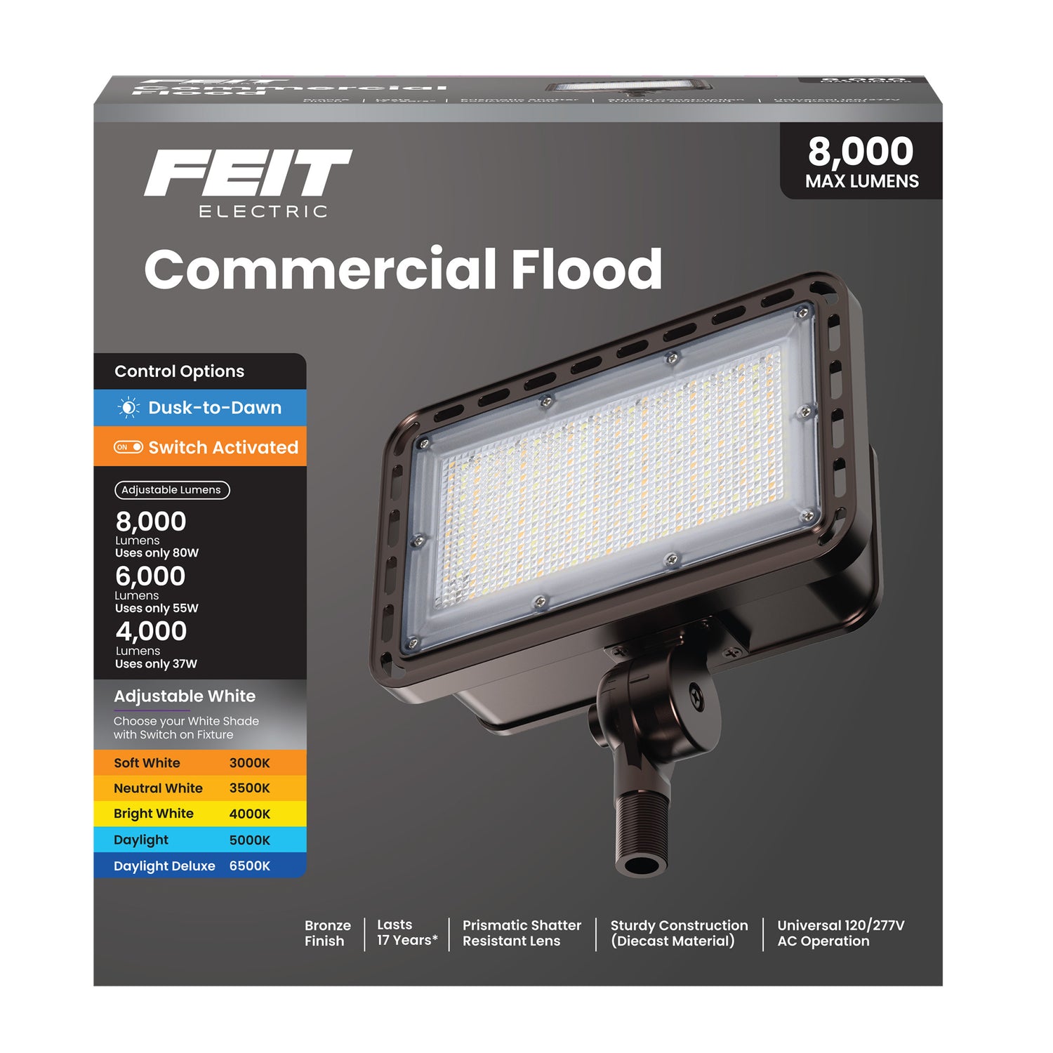 8000 Lumens Adjustable White Commercial Single Head LED Flood Light, Bronze