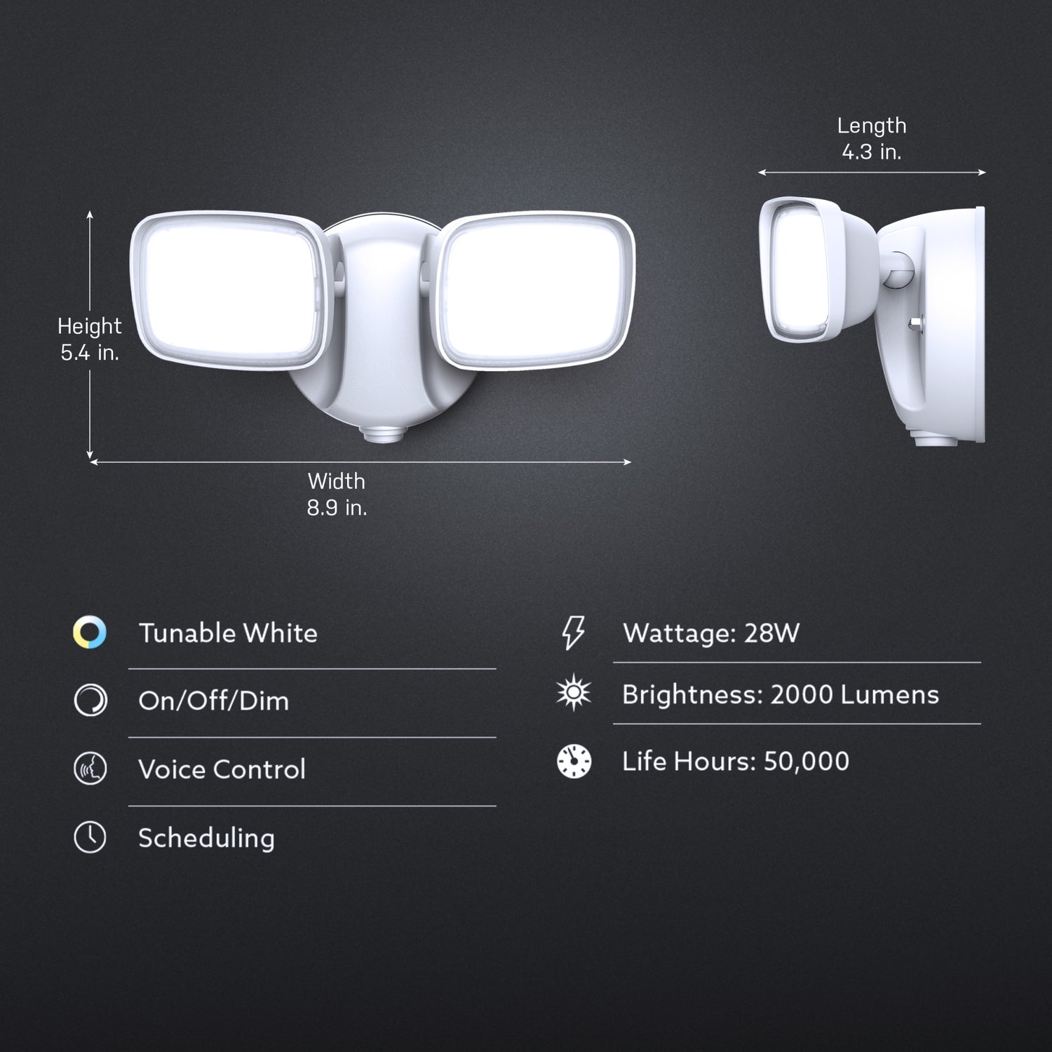 9 in. 28W Tunable White Smart Dual Head LED Security Flood Light, White