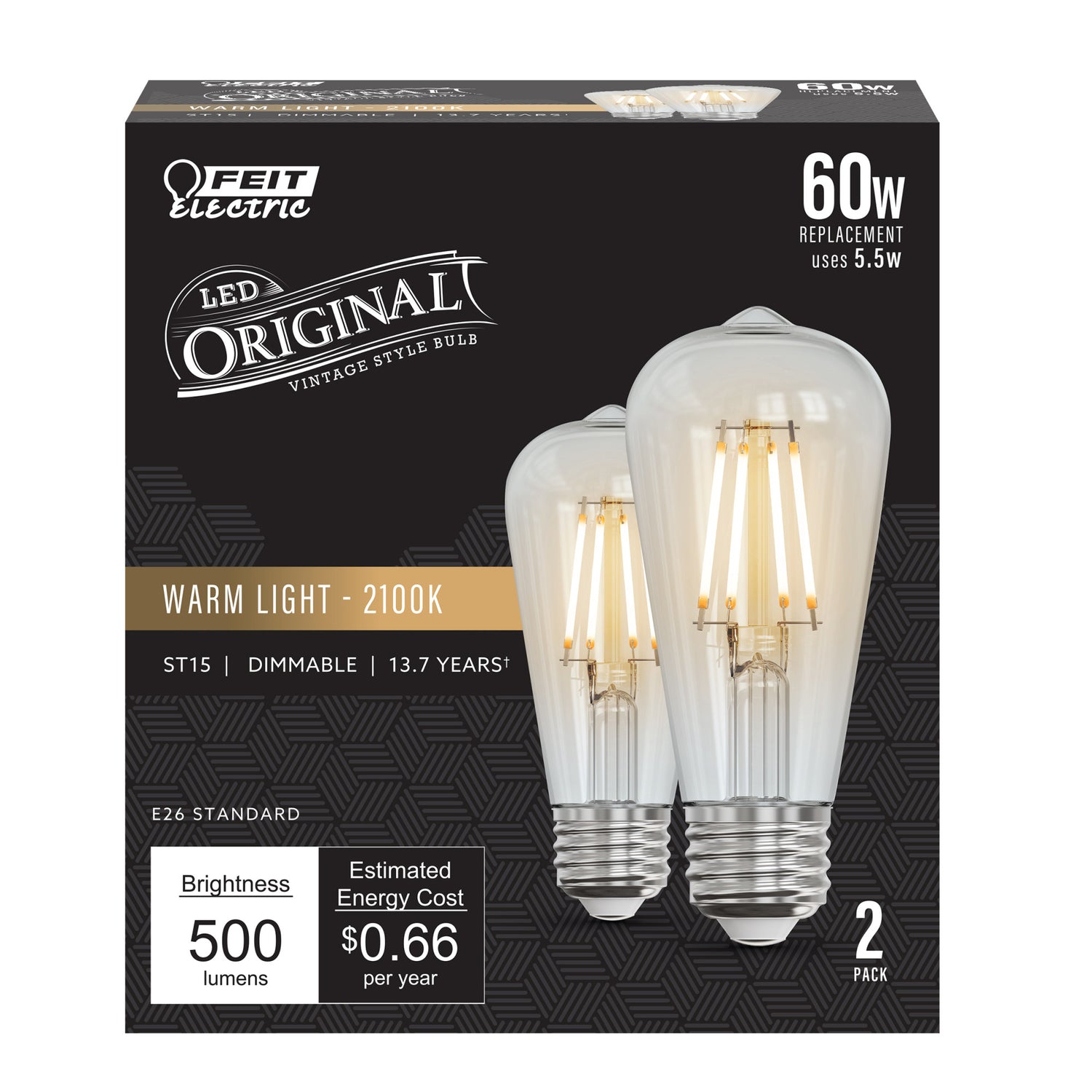 5.5W (60W Replacement) ST15 E26 Dimmable Straight Filament Clear Glass Vintage Edison LED Light Bulb, Soft White (2-Pack)