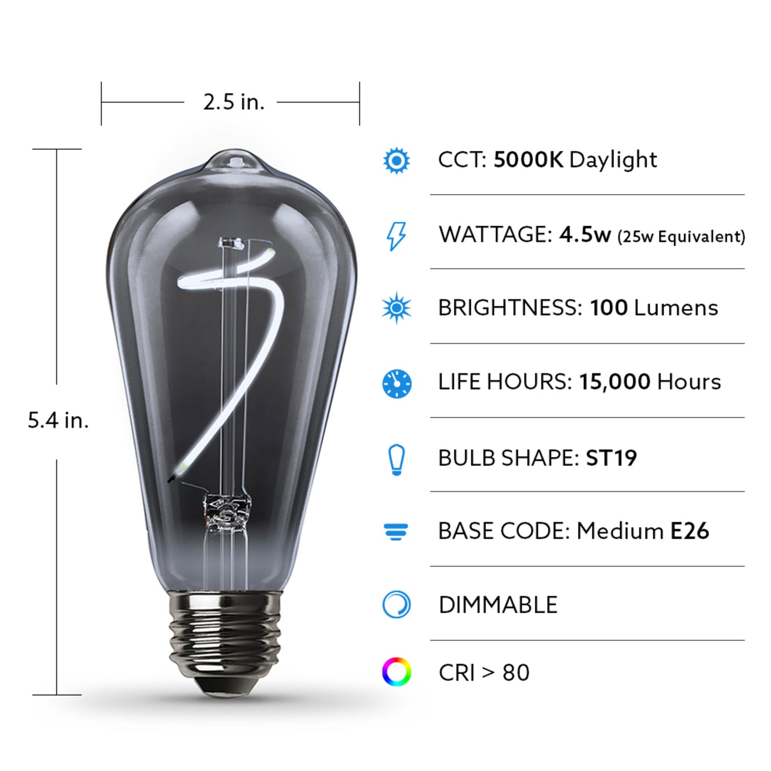 4.5W (25W Replacement) ST19 E26 Dimmable Spiral Filament Smoke Glass Vintage Edison LED Light Bulb, Daylight