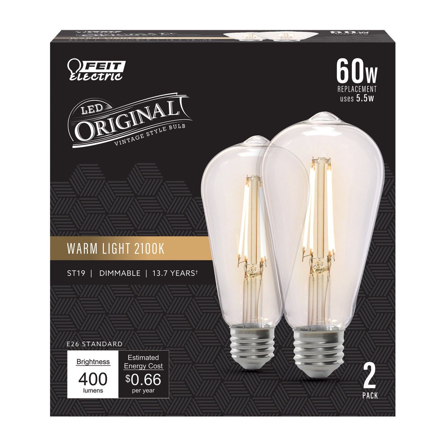 5.5W (60W Replacement) ST19 E26 Dimmable Straight Filament Clear Glass Vintage Edison LED Light Bulb, Warm Light (2-Pack)