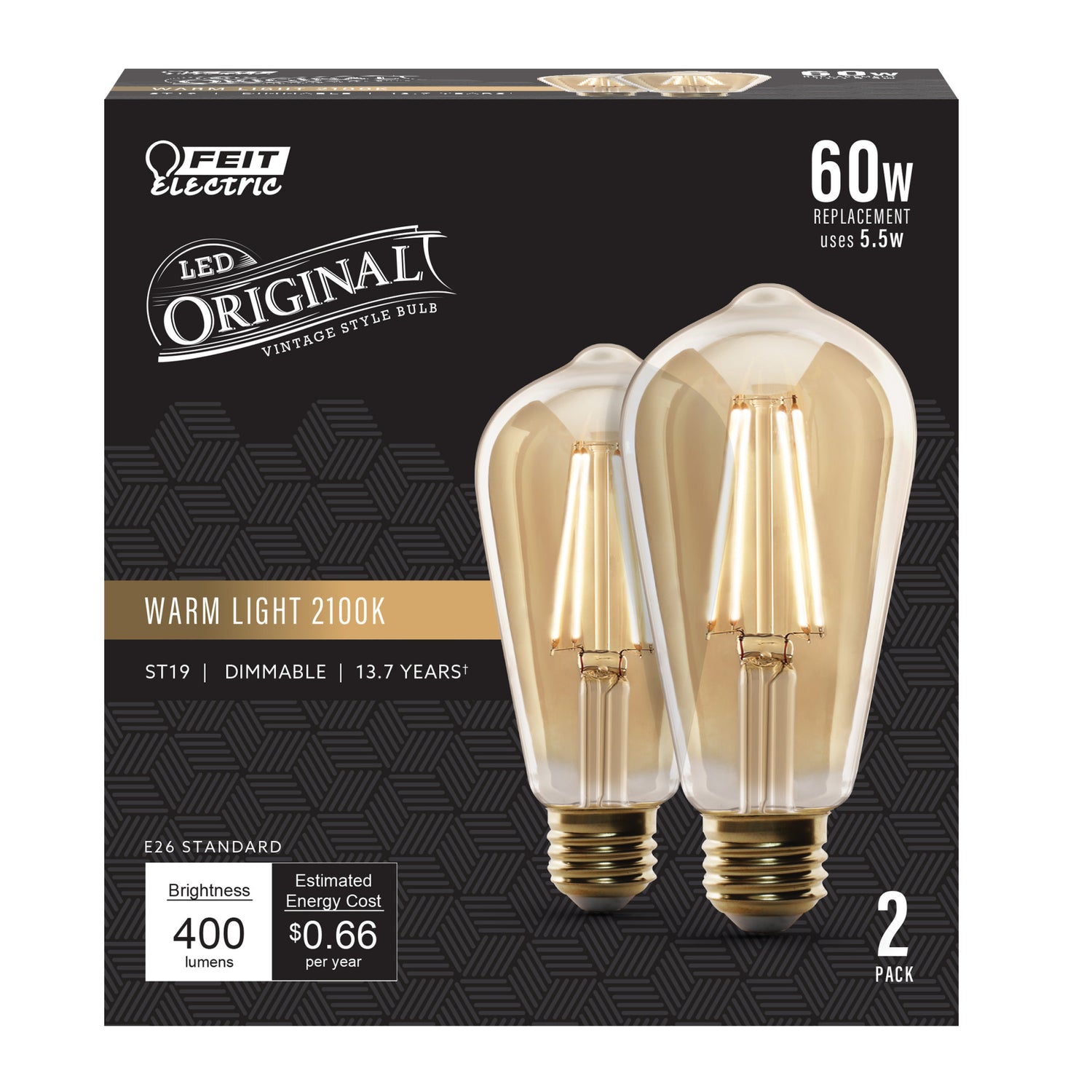 5.5W (60W Replacement) ST19 E26 Dimmable Straight Filament Amber Glass Vintage Edison LED Light Bulb, Warm Light (2-Pack)