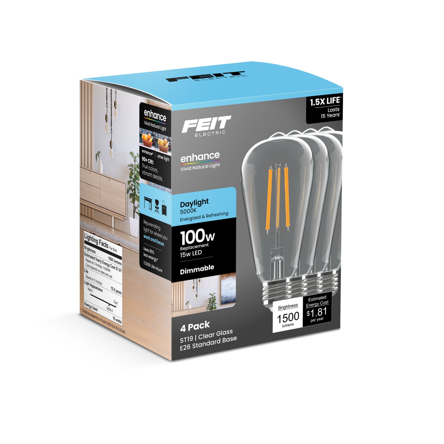 15W (100W Replacement) ST19 E26 Dimmable Enhance Straight Filament Clear Glass Vintage Edison LED Light Bulb, Daylight (4-Pack)