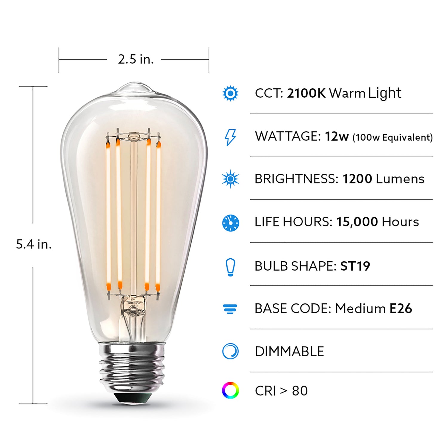 12W (100W Replacement) ST19 E26 Dimmable Straight Filament Clear Glass Vintage Edison LED Light Bulb, Warm Light (4-Pack)
