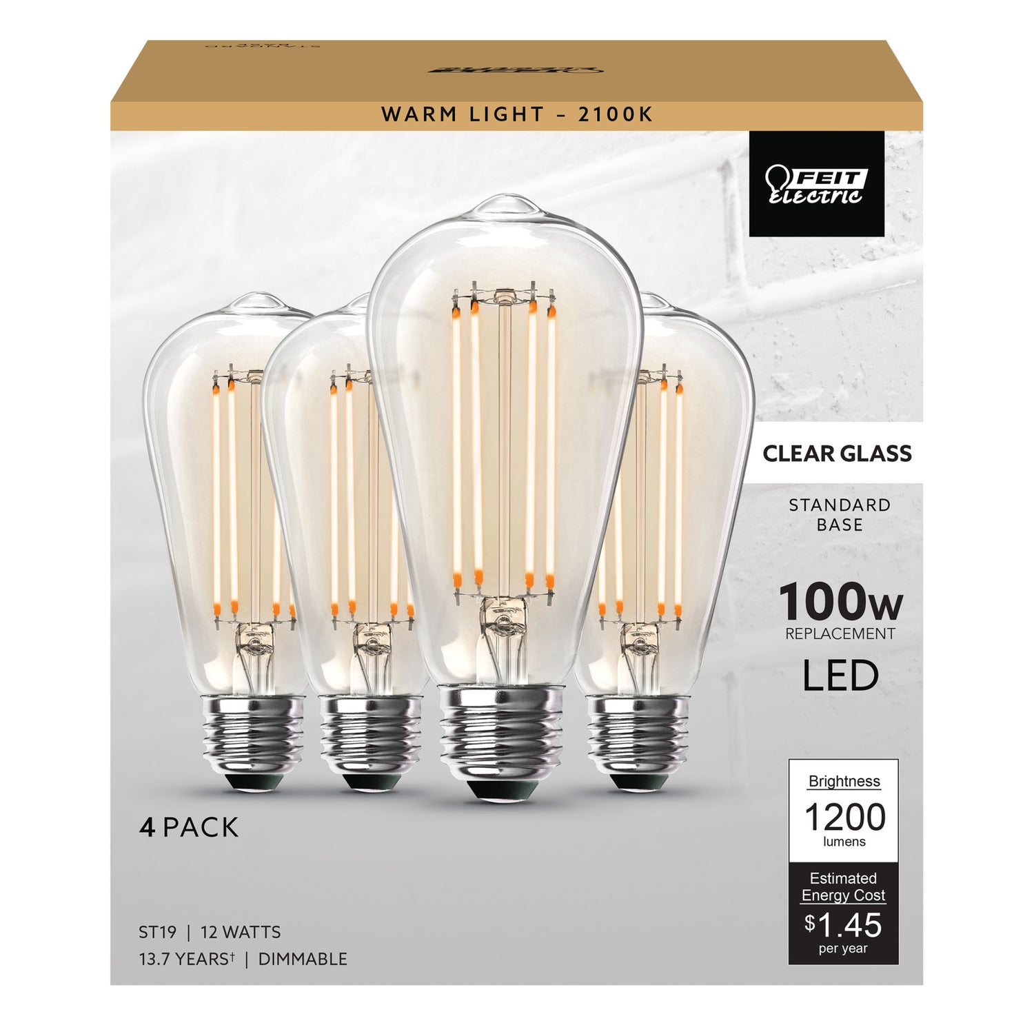 12W (100W Replacement) ST19 E26 Dimmable Straight Filament Clear Glass Vintage Edison LED Light Bulb, Warm Light (4-Pack)