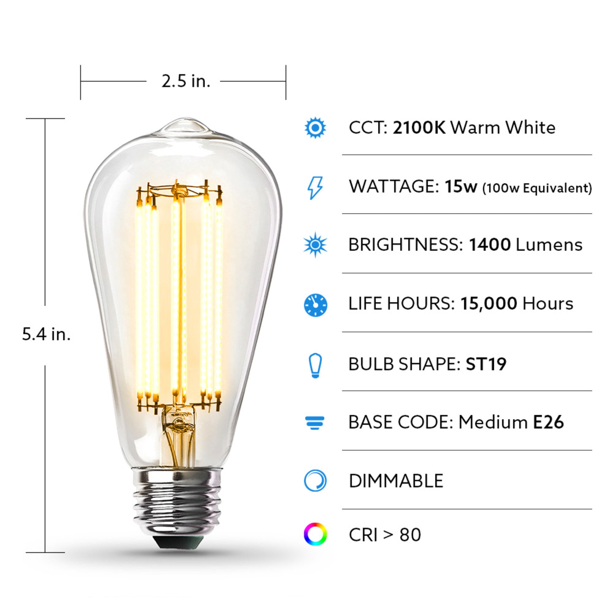 15W 100W Replacement ST19 E26 Dimmable Straight Filament Clear Glass