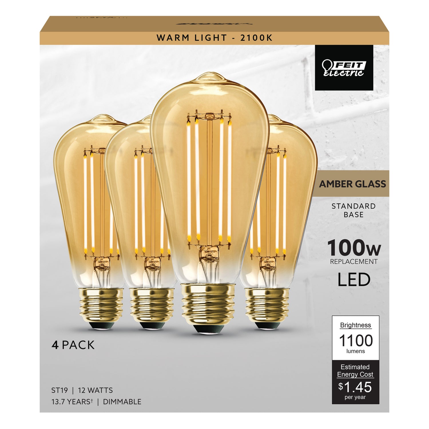 12W (100W Replacement) ST19 E26 Dimmable Straight Filament Amber Glass Vintage Edison LED Light Bulb, Warm Light (4-Pack)