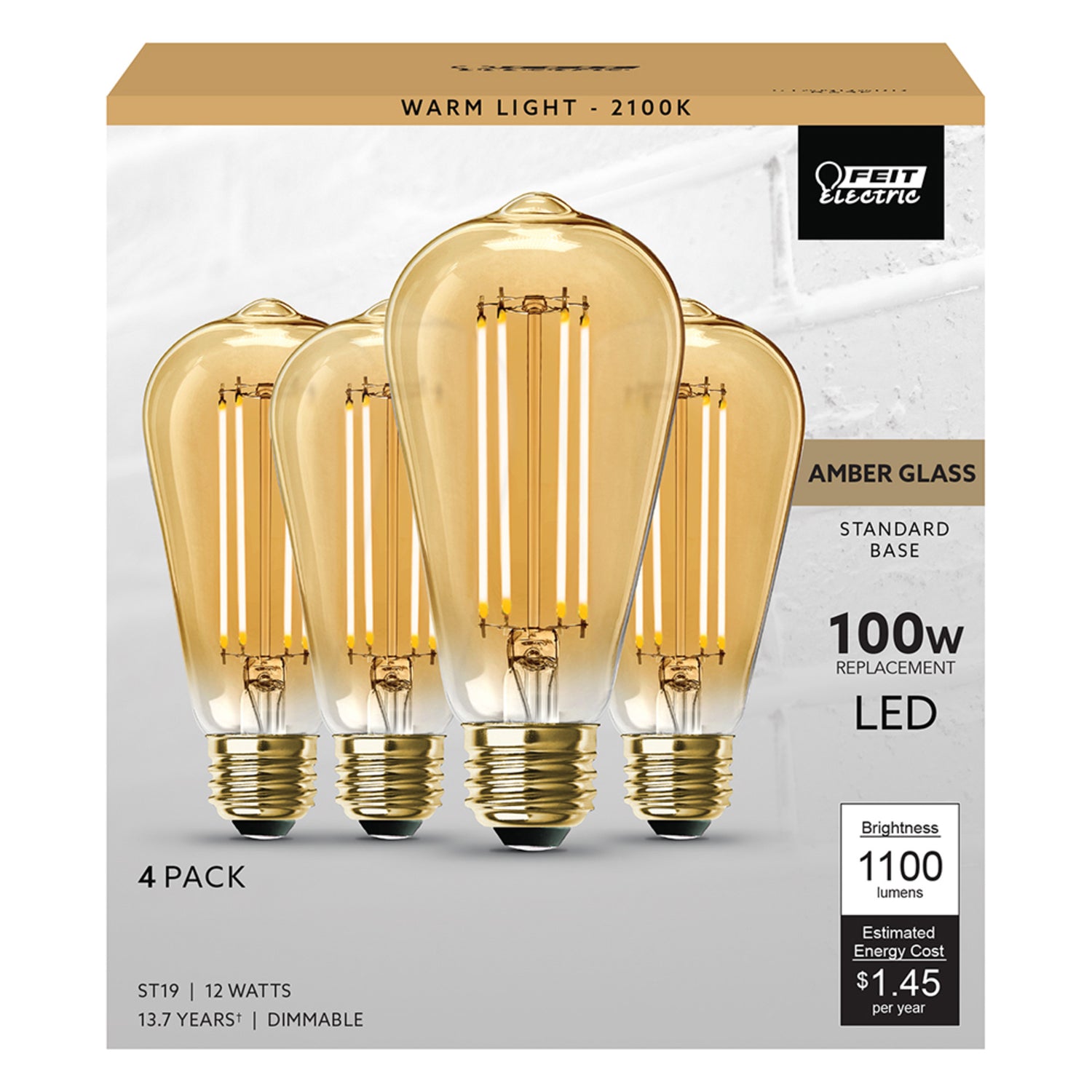 12W (100W Replacement) ST19 E26 Dimmable Straight Filament Amber Glass Vintage Edison LED Light Bulb, Warm Light (4-Pack)