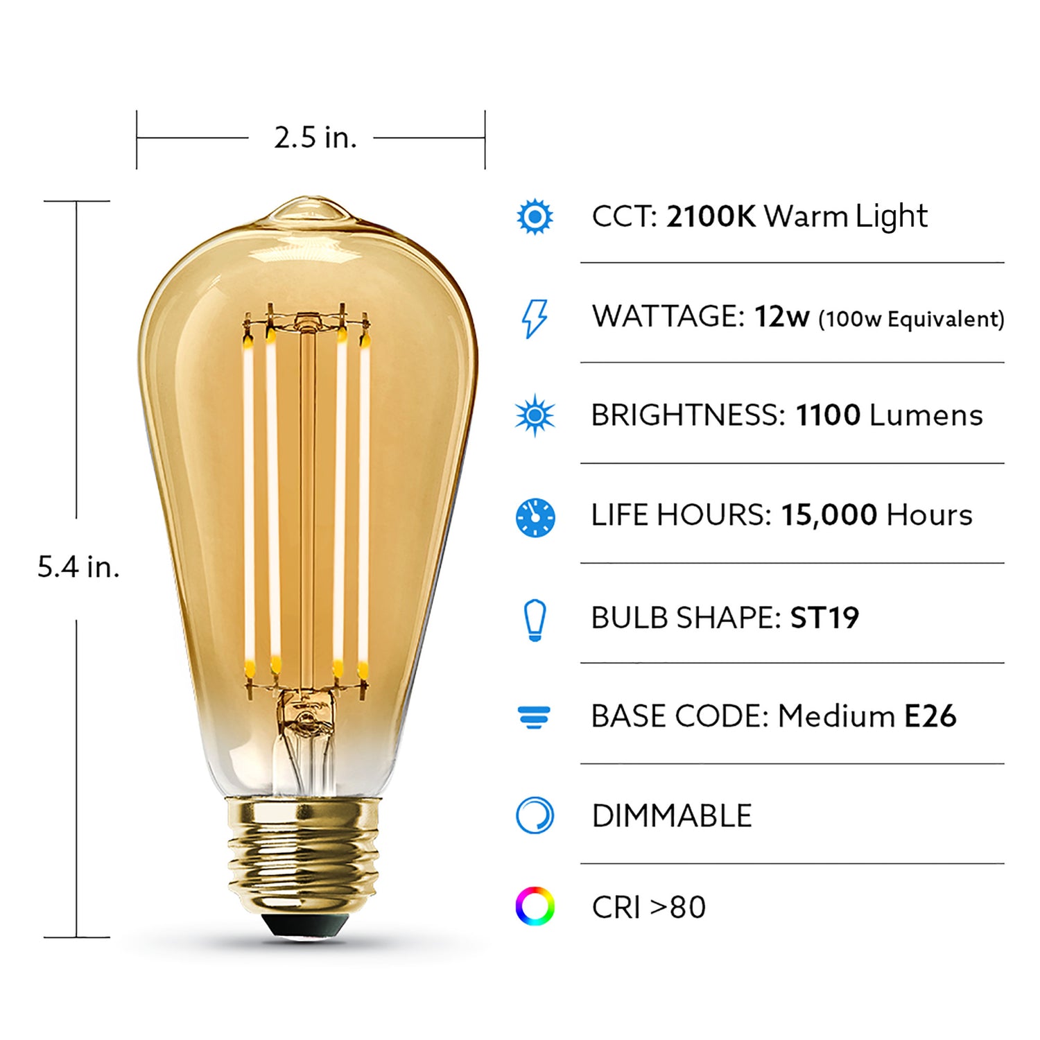 12W (100W Replacement) ST19 E26 Dimmable Straight Filament Amber Glass Vintage Edison LED Light Bulb, Warm Light (4-Pack)