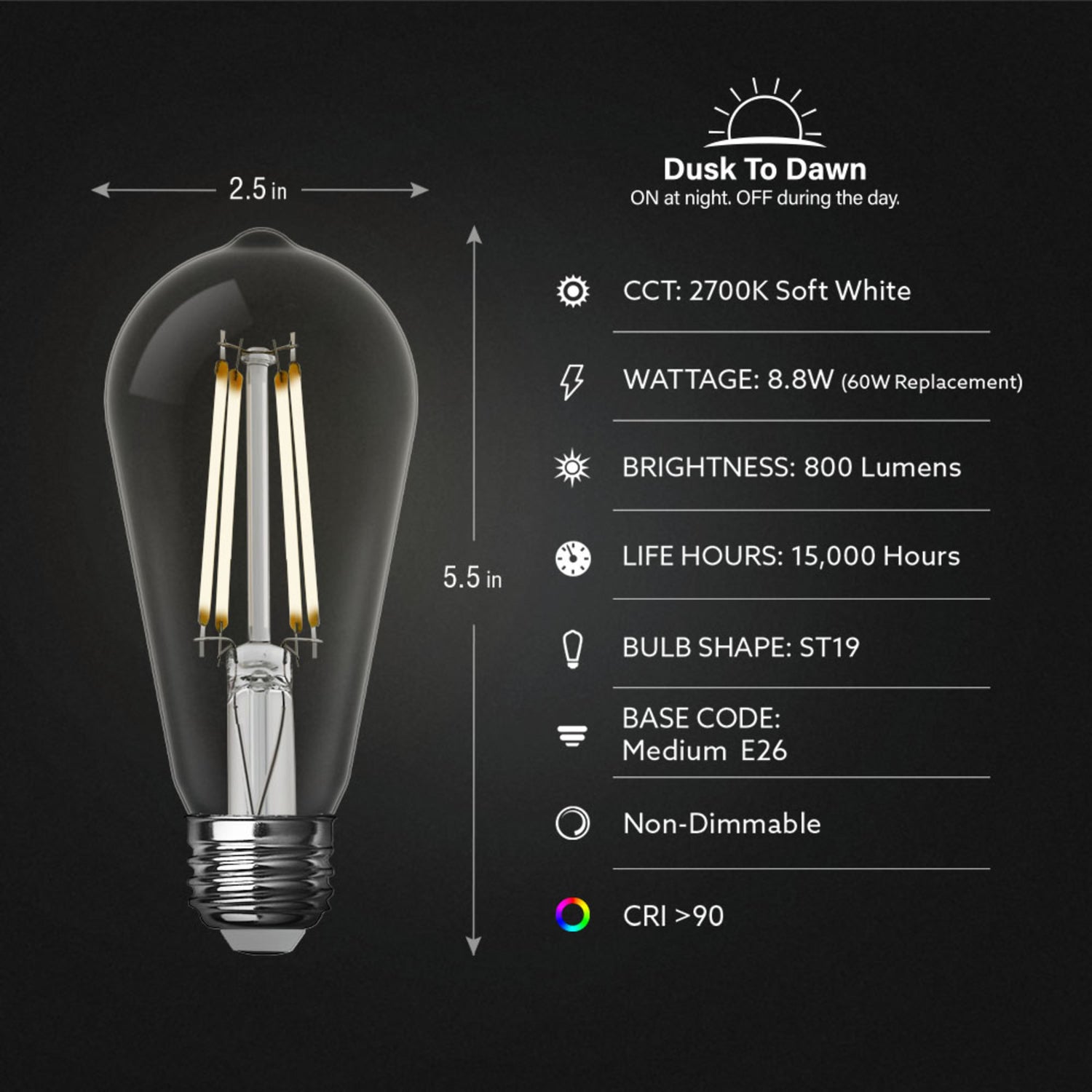 12W (100W Replacement) ST19 E26 Non-Dimmable Straight Filament Clear Glass Vintage Edison LED Light Bulb, Soft White