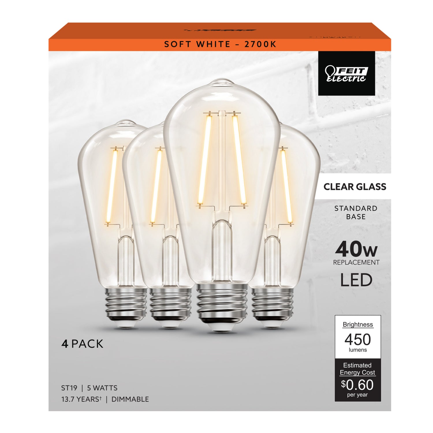 5W (40W Replacement) ST19 E26 Clear Glass Vintage Edison LED Light Bulb, Soft White (4-Pack)