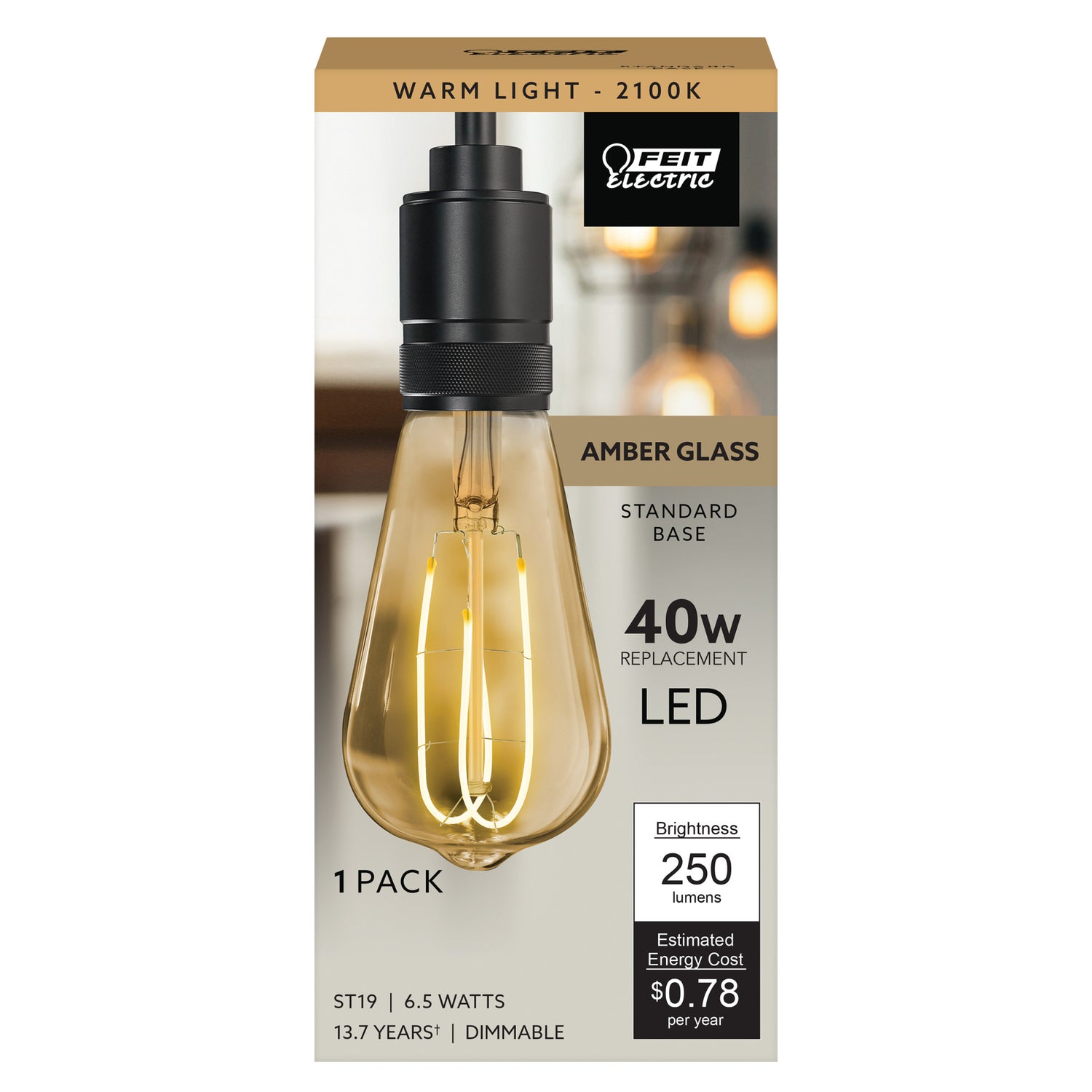 6.5W (40W Replacement) ST19 E26 M Shape Filament Amber Glass Vintage Edison LED Light Bulb, Warm Light