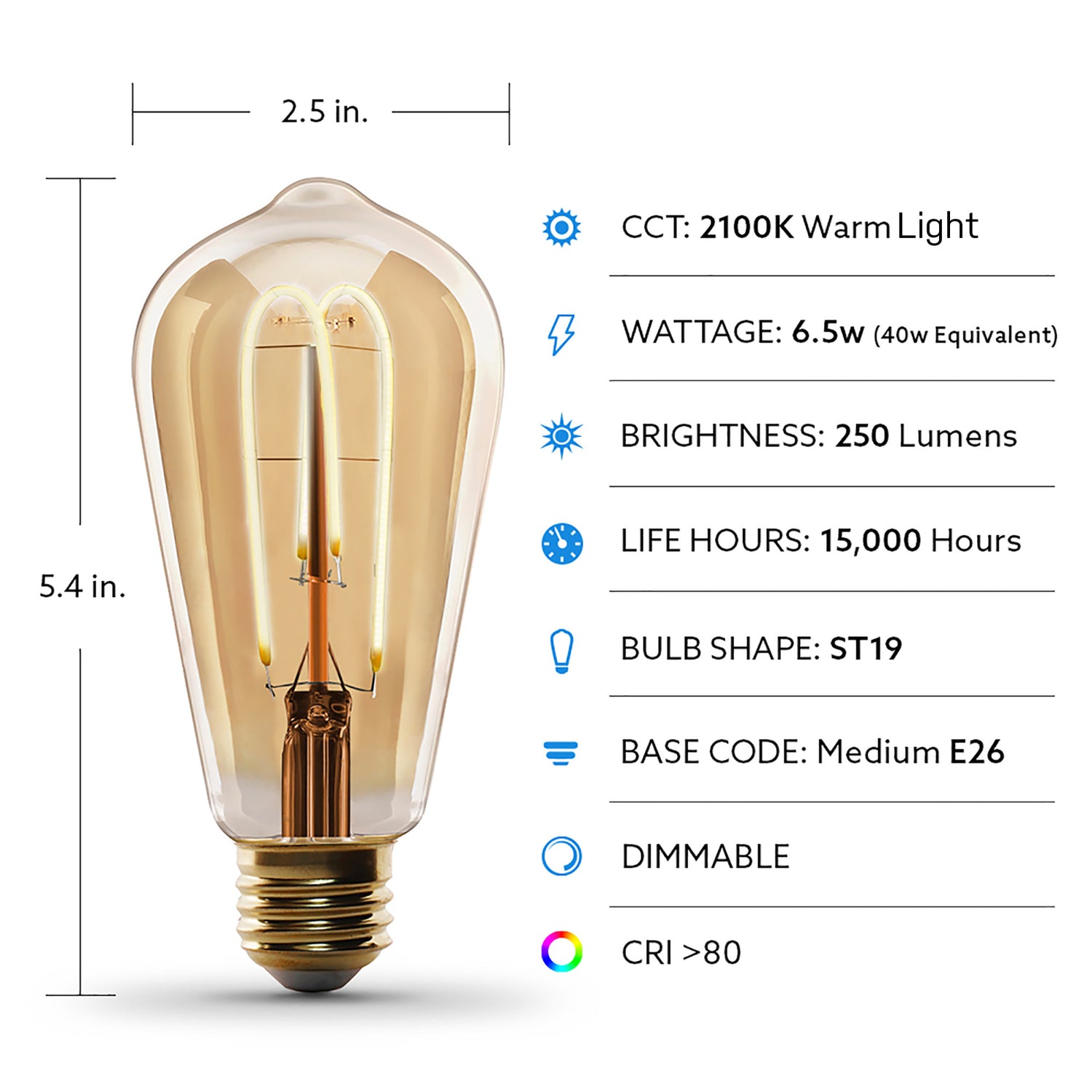 6.5W (40W Replacement) ST19 E26 M Shape Filament Amber Glass Vintage Edison LED Light Bulb, Warm Light