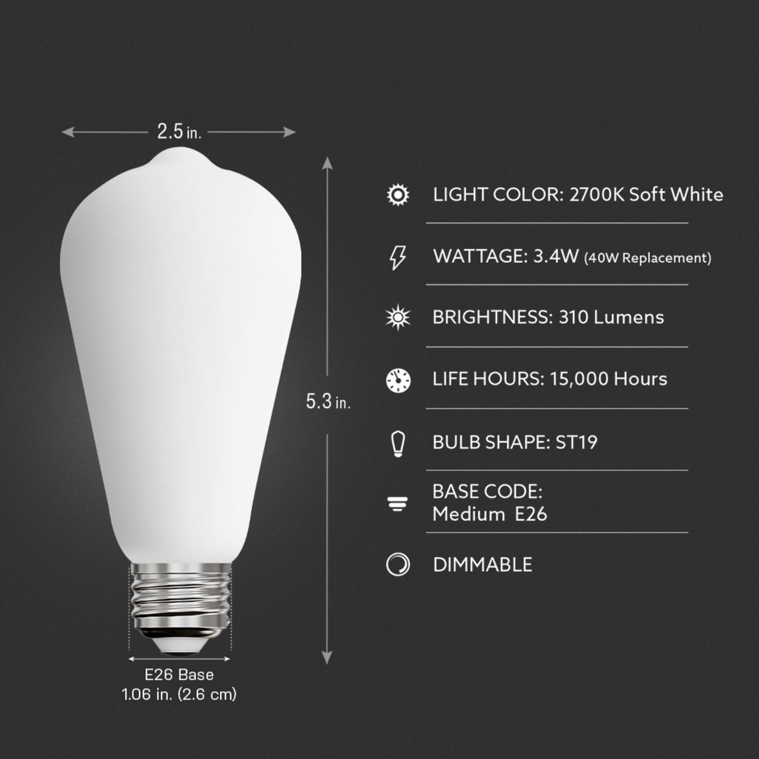 3.4W (40W Replacement) ST19 E26 Dimmable Opal Edison LED Light Bulb, Soft White