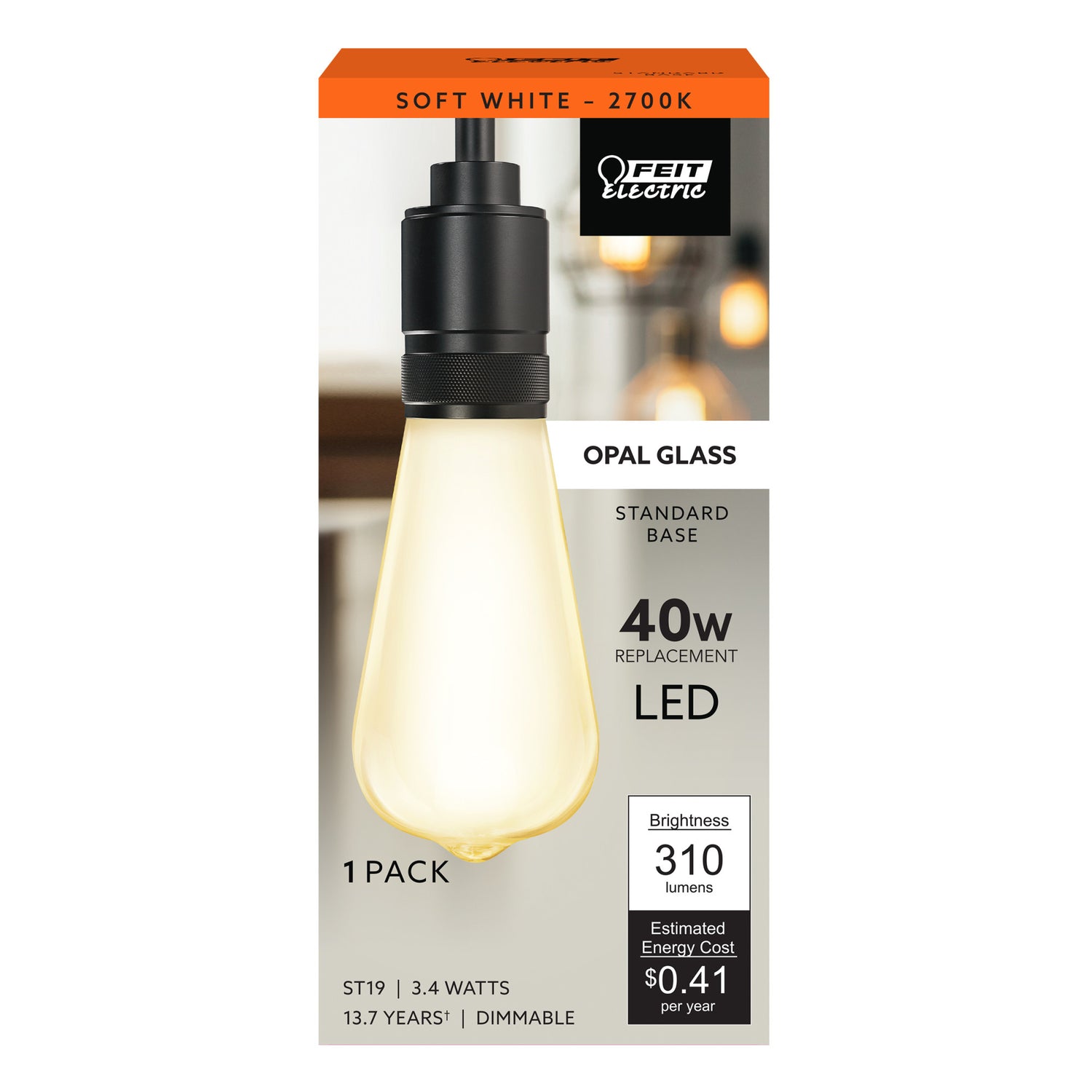 3.4W (40W Replacement) ST19 E26 Dimmable Opal Edison LED Light Bulb, Soft White