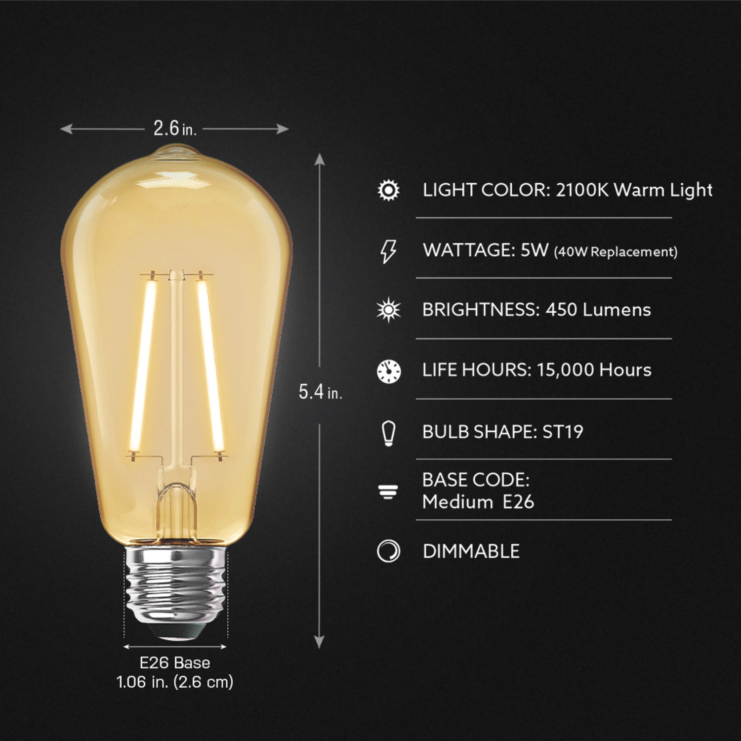 5W (40W Replacement) ST19 E26 Amber Glass Vintage Edison LED Light Bulb, Warm Light (4-Pack)