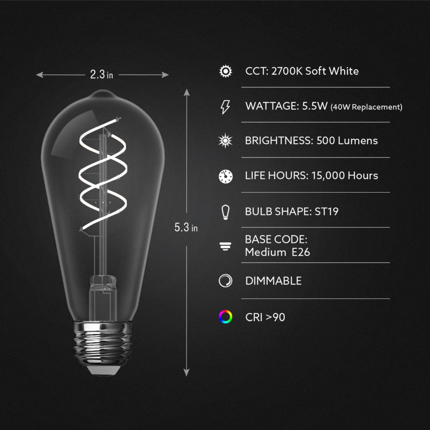 5.5W (40W Equivalent) Soft White (2700K) ST19 Shape (E26 Base) Dimmable LED Spiral Designer White Filament Bulb