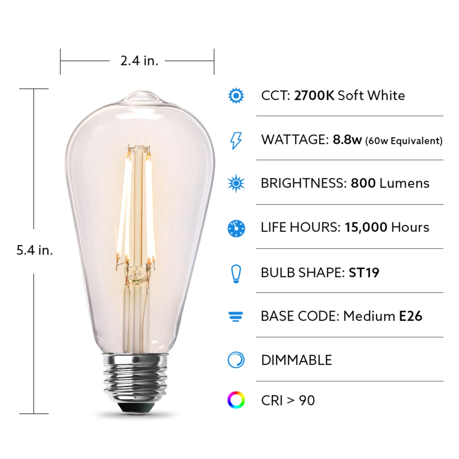 8.8W (60W Replacement) ST19 E26 Dimmable Straight Filament Clear Glass Vintage Edison LED Light Bulb, Soft White (2-Pack)