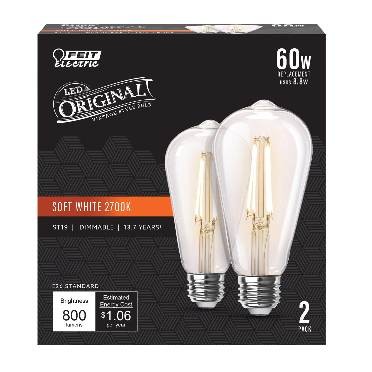 8.8W (60W Replacement) ST19 E26 Dimmable Straight Filament Clear Glass Vintage Edison LED Light Bulb, Soft White (2-Pack)