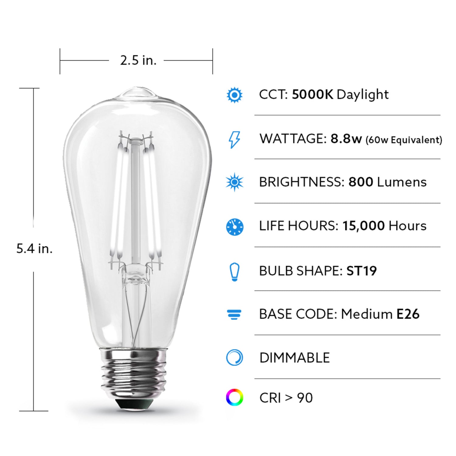 8.8W (60W Replacement) ST19 E26 Dimmable Clear Glass Vintage Edison LED Light Bulb, Daylight (4-Pack)