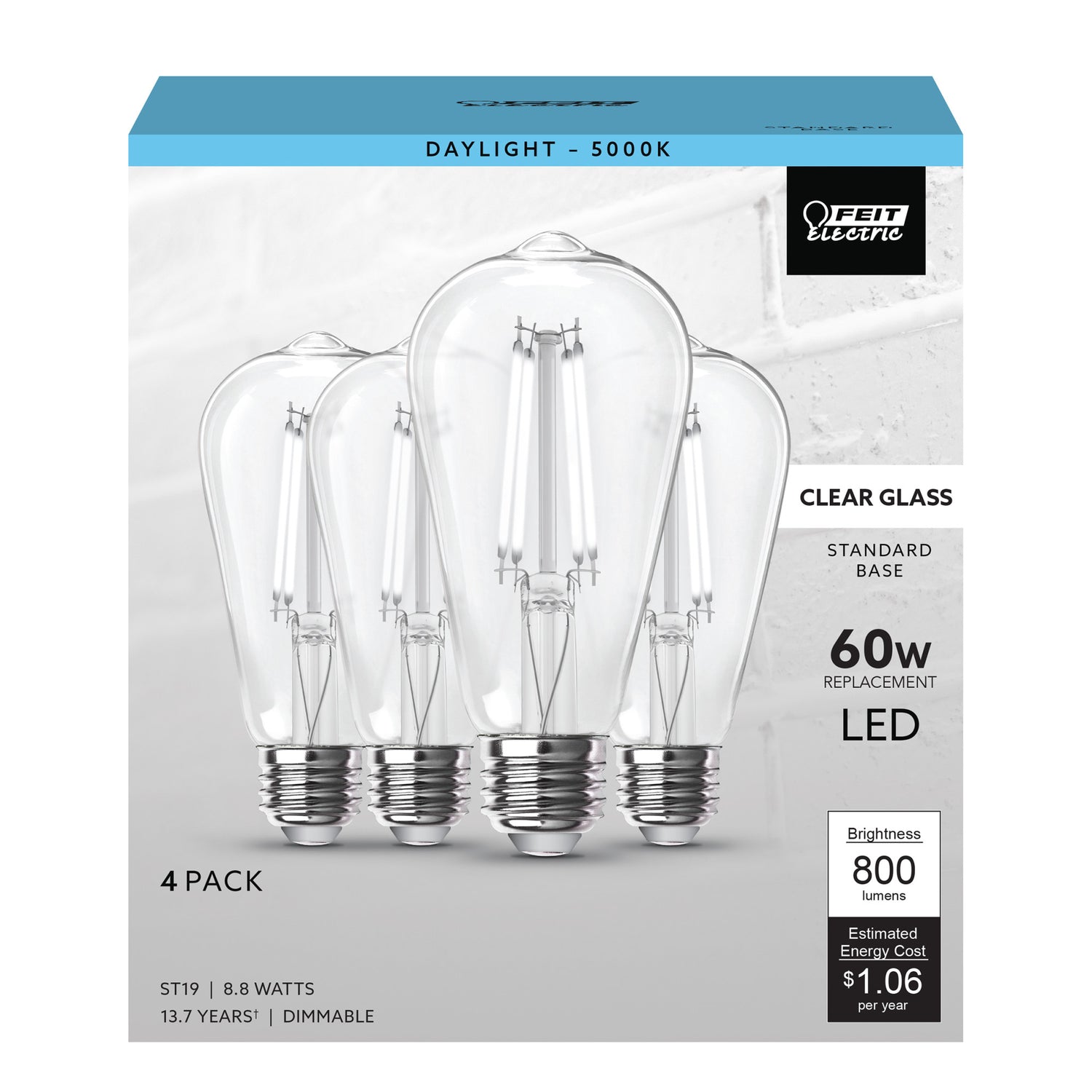 8.8W (60W Replacement) ST19 E26 Dimmable Clear Glass Vintage Edison LED Light Bulb, Daylight (4-Pack)