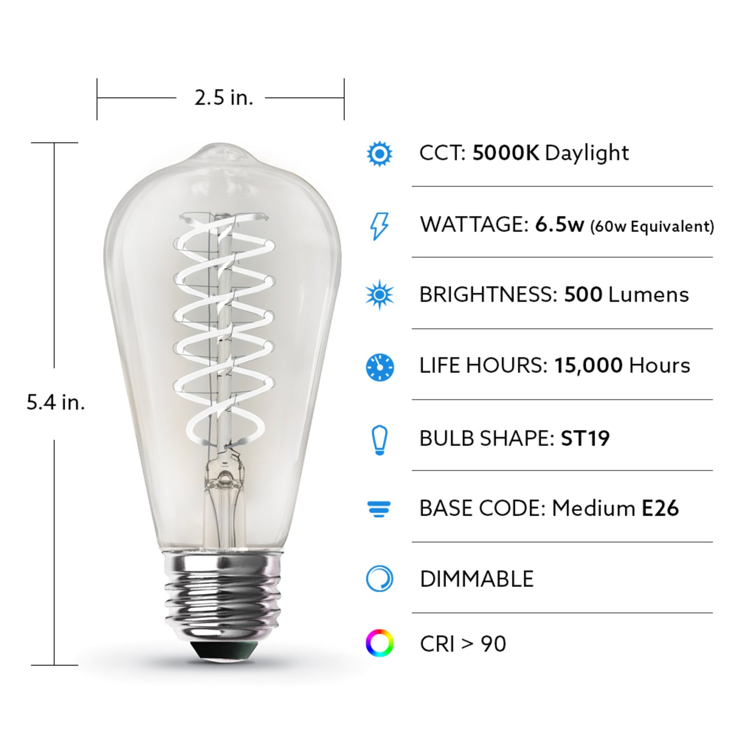 6.5W (60W Replacement) ST19 E26 Dimmable Spiral Filament Clear Glass Vintage Edison LED Light Bulb, Daylight