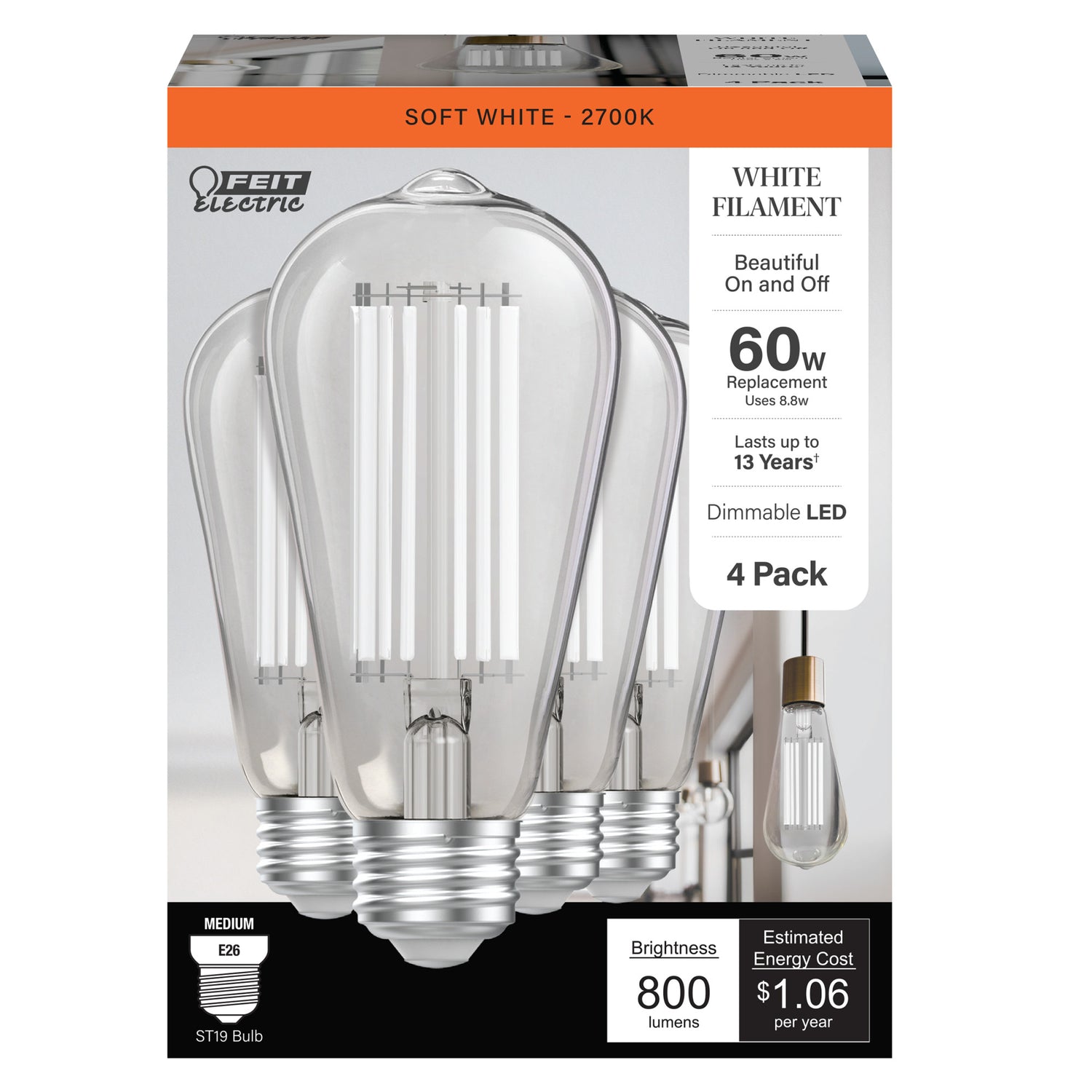 8.8W (60W Replacement) Soft White (2700K) ST19 Shape (E26 Base) LED Exposed White Filament Bulb (4-Pack)