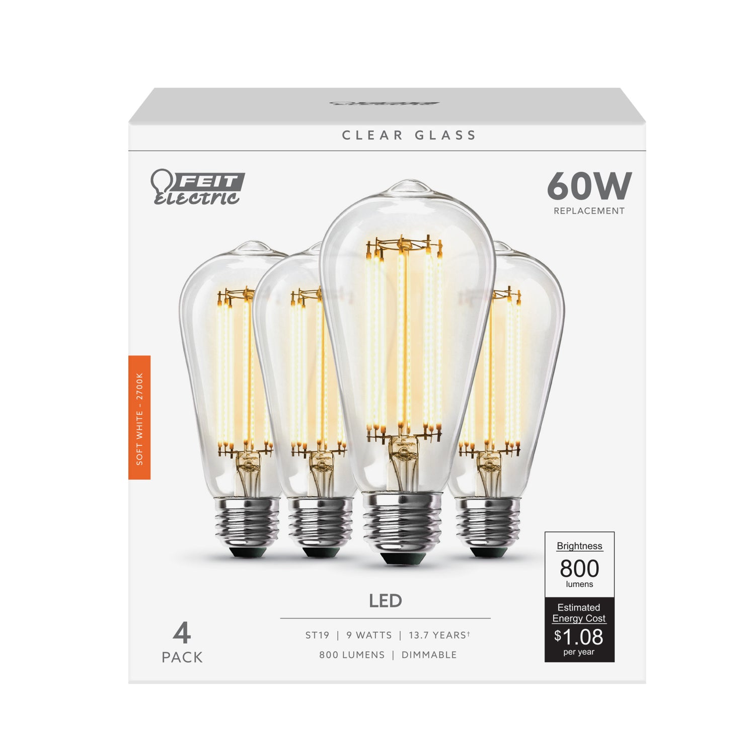 9W (60W Replacement) ST19 E26 Dimmable Straight Filament Clear Glass Vintage Edison LED Light Bulb, Soft White (24-Pack)