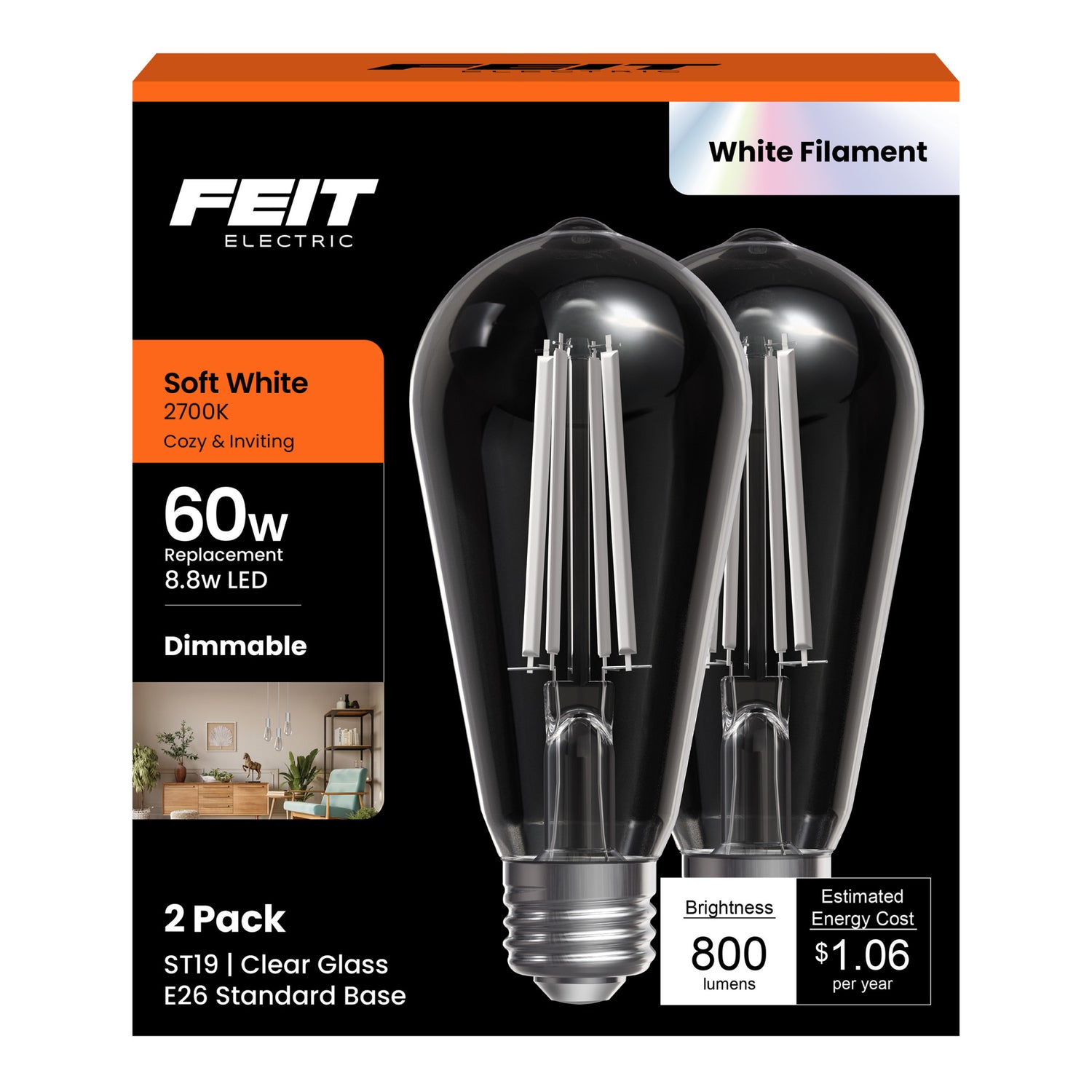 8.8W (60W Replacement) Soft White (2700K) E26 Base ST19 LED White Filament Bulb (2-Pack)