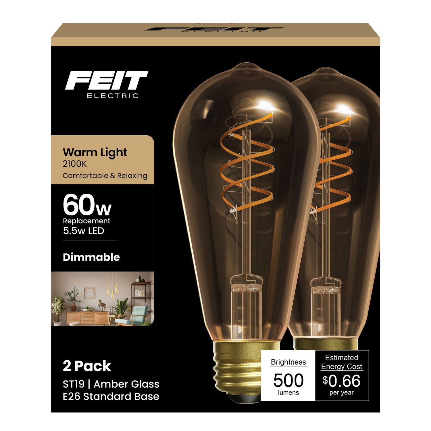 5.5W (60W Replacement) ST19 E26 Dimmable Spiral Filament Amber Glass Vintage Edison LED Light Bulb, Warm Light (2-Pack)