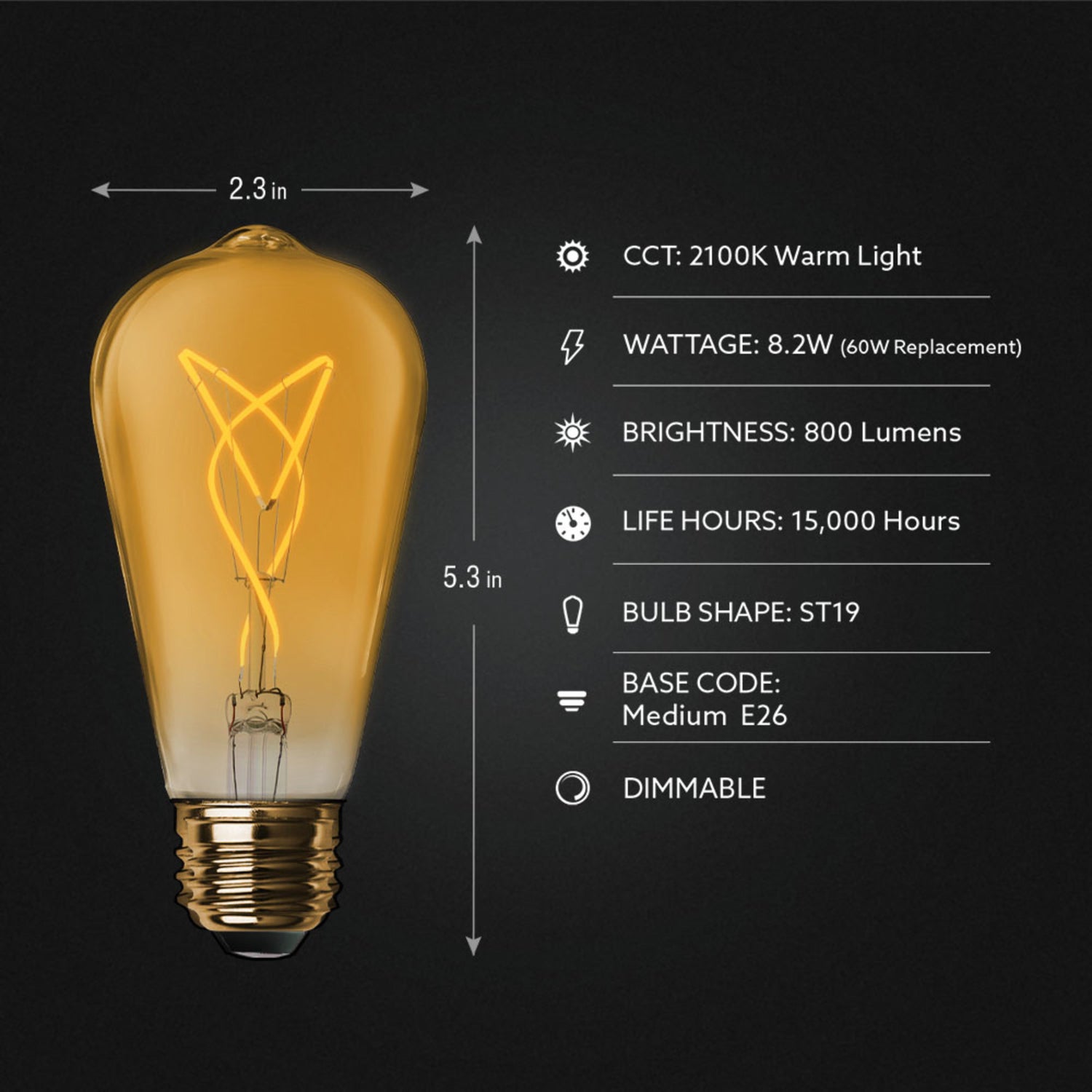 8.2W (60W Replacement) ST19 E26 Spiral Filament Amber Glass Vintage Edison LED Light Bulb, Warm Light