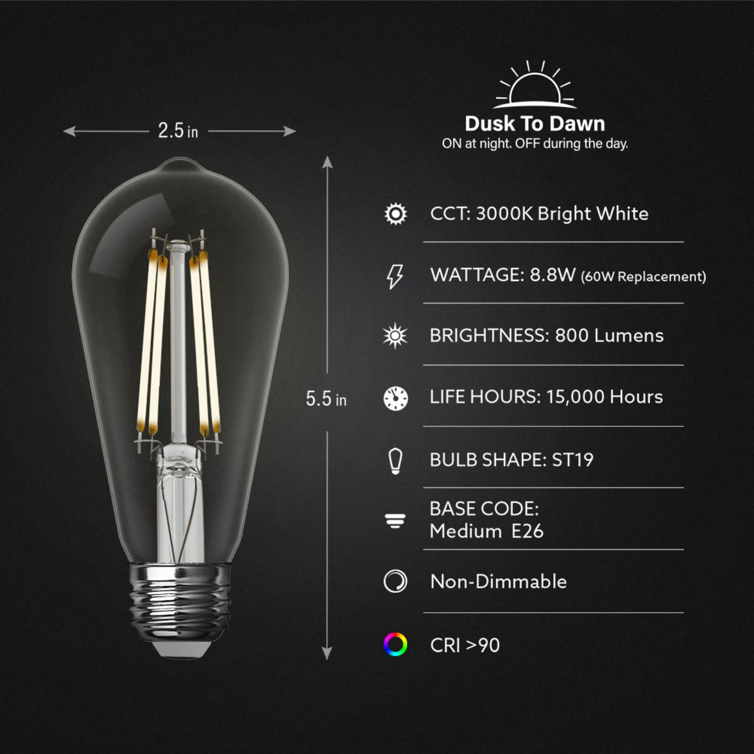 8.8W (60W Replacement) Bright White (3000K) ST19 E26 Base Dusk To Dawn LED Bulb