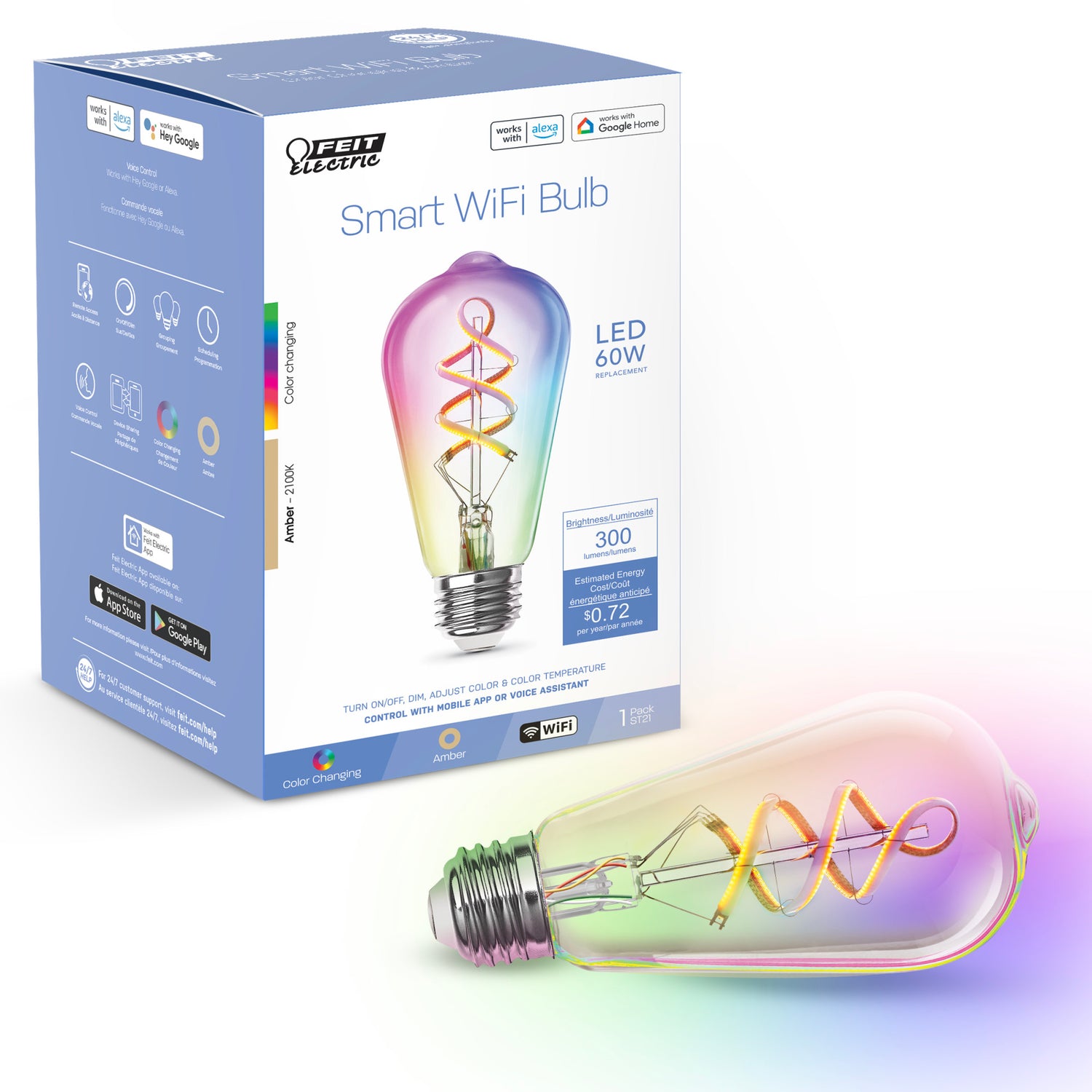 60W Replacement ST21 E26 Dimmable Color Changing Spiral Filament Vintage Decorative Smart Wifi LED Light Bulb