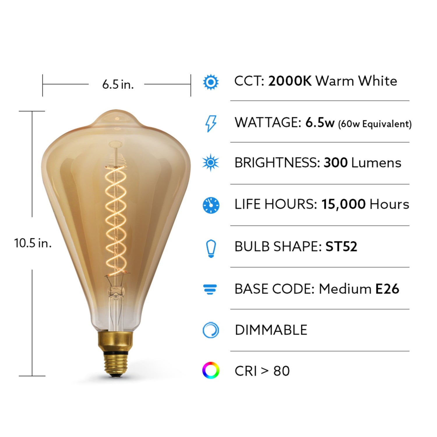 6.5W (60W Replacement) ST52 E26 Dimmable Spiral Filament Amber Glass Vintage Edison LED Light Bulb, Warm Light