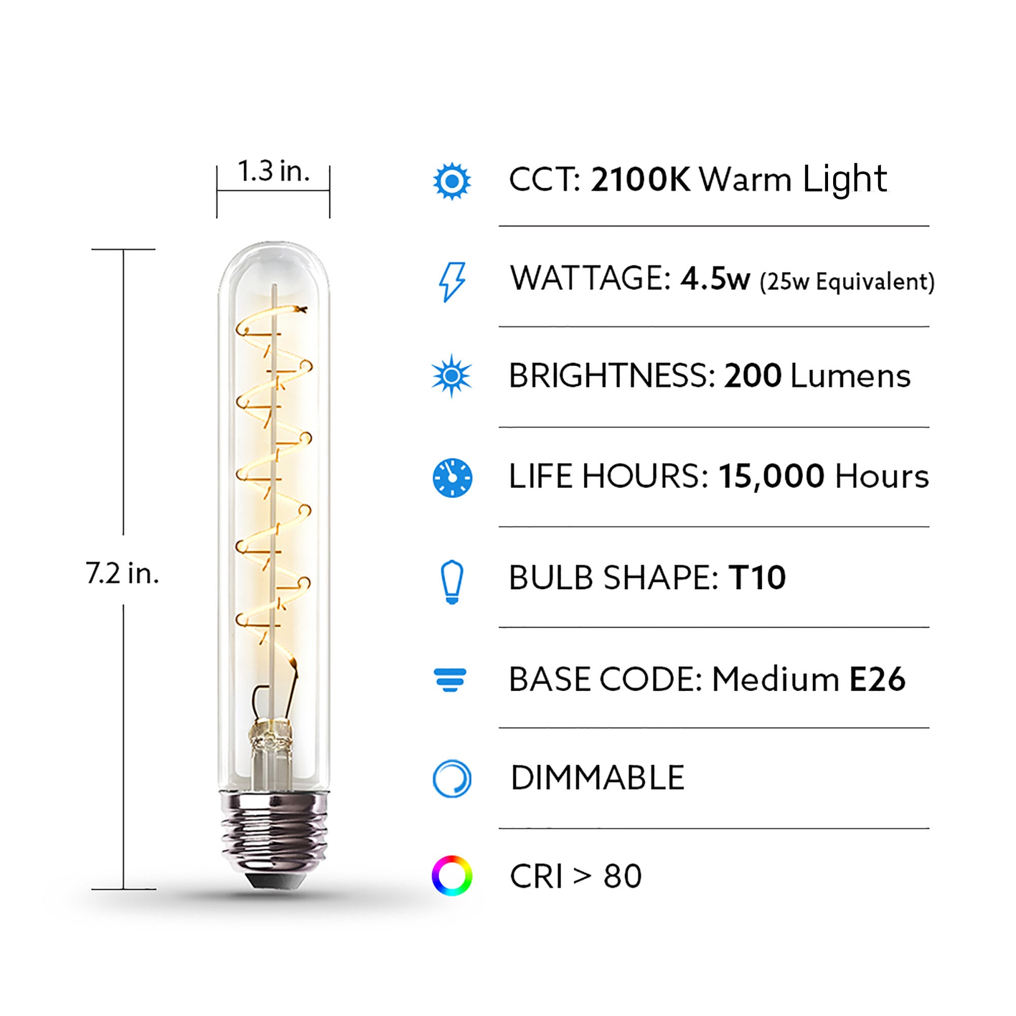 4.5W 25W Replacement T10 E26 Dimmable Spiral Filament Clear