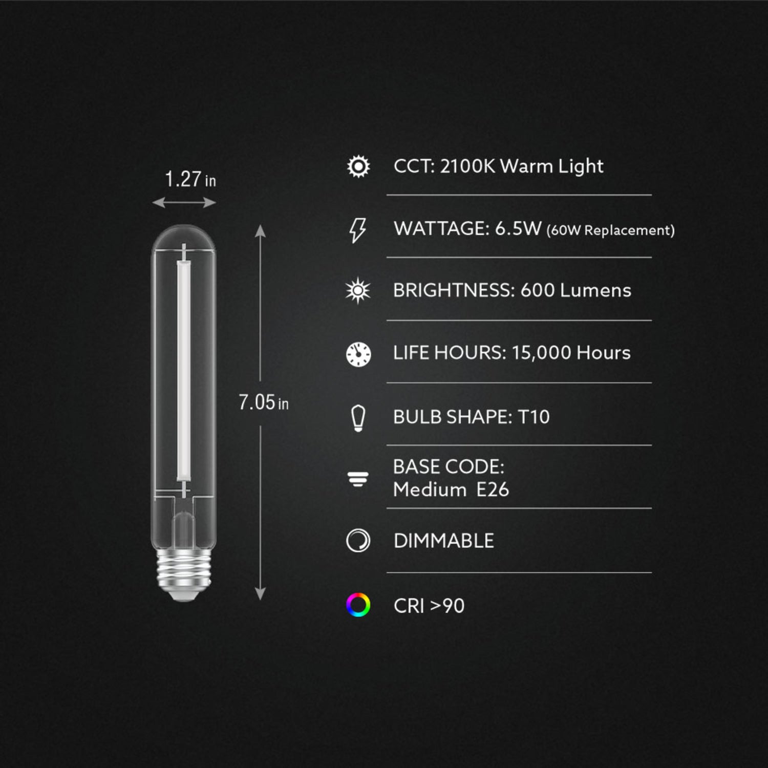 6.5W (60W Replacement) Warm Light (2100K) T10 (E26 Medium Base) Dimmable Exposed White Filament LED Light Bulb (4-Pack)