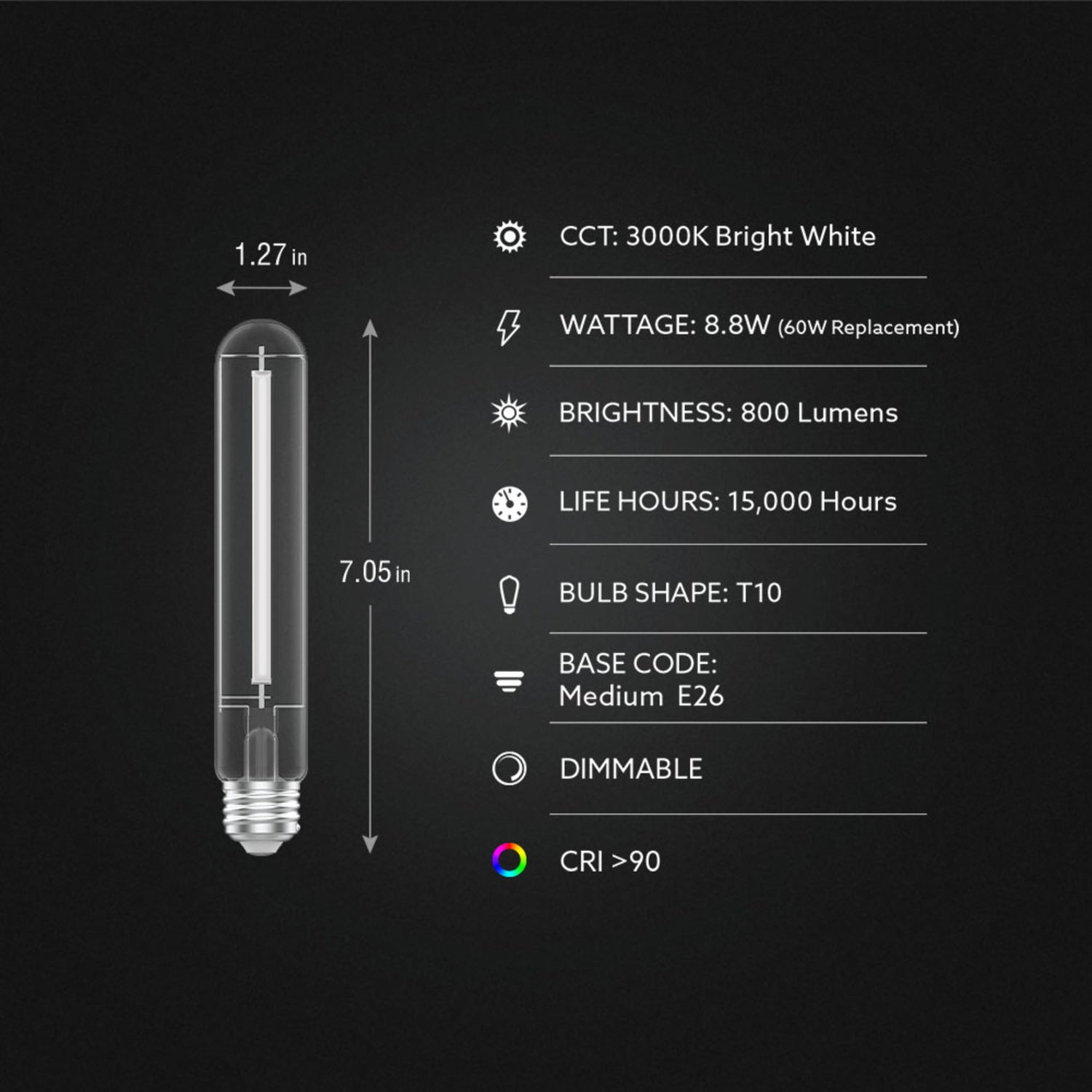 8.8W (60W Replacement) Bright White (3000K) E26 Base T10 Exposed White Filament LED (4-Pack)