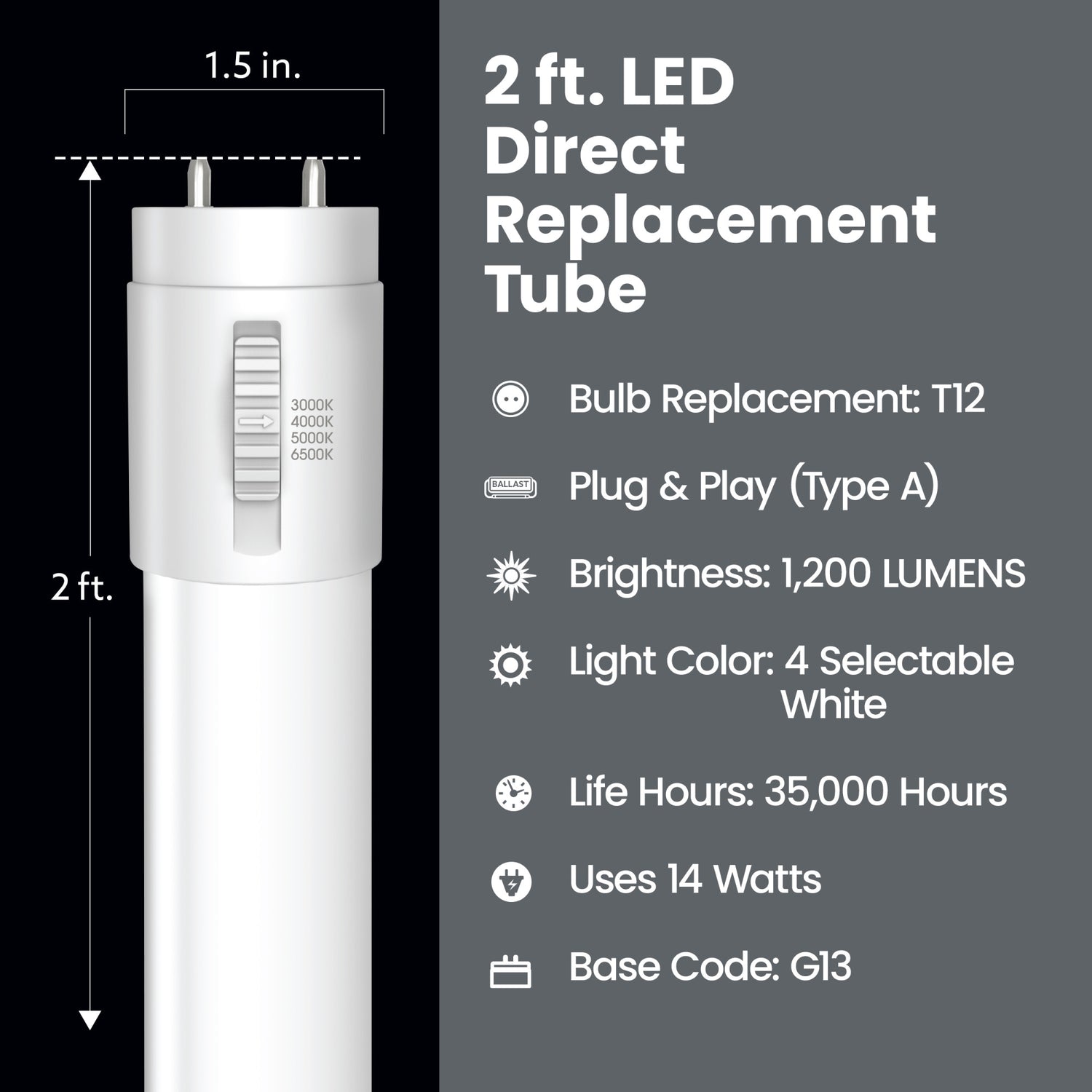 2 ft. 14W (20W Replacement) Adjustable White G13 Base T12 Direct Replacement (Type A) LED Light Bulb