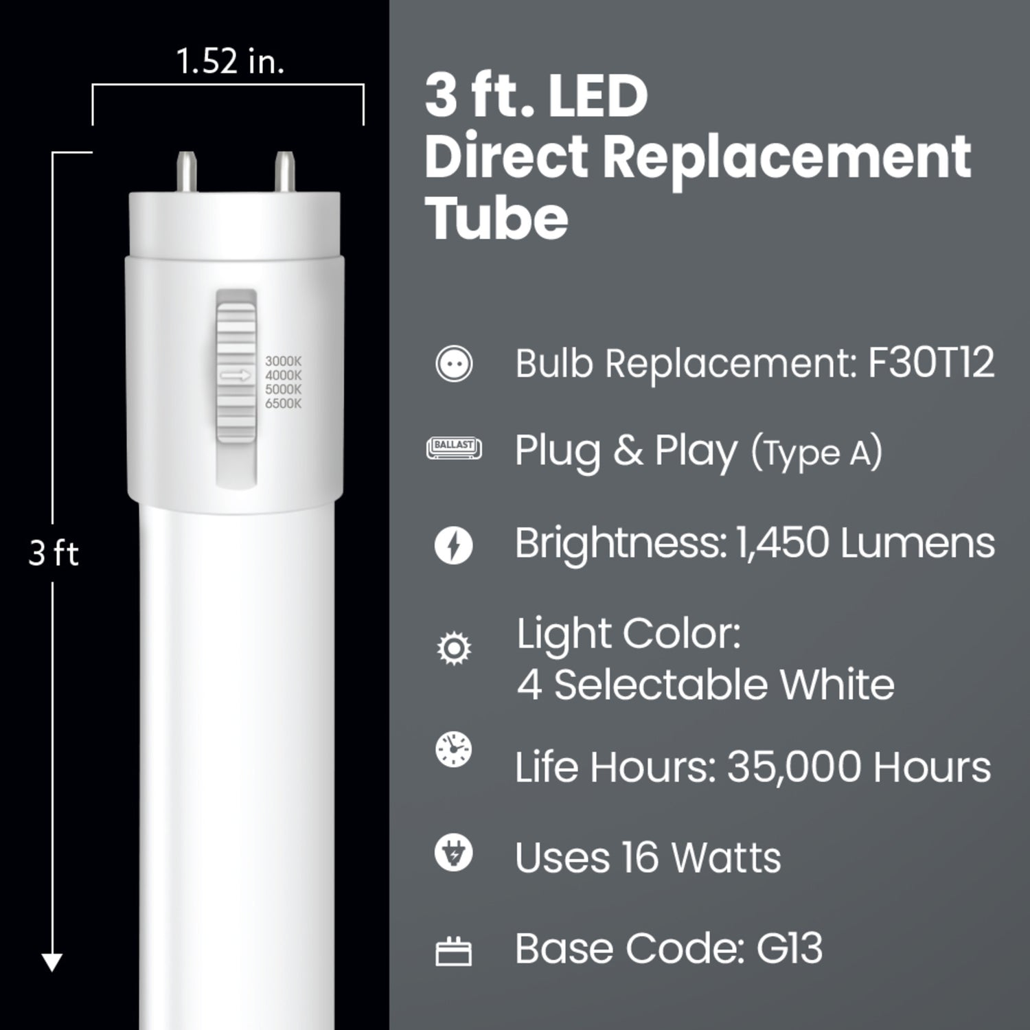 3 ft. 16W (30W Replacement) Selectable White G13 Base (T12 Replacement) Direct Replacement (Type A) Linear LED Tube