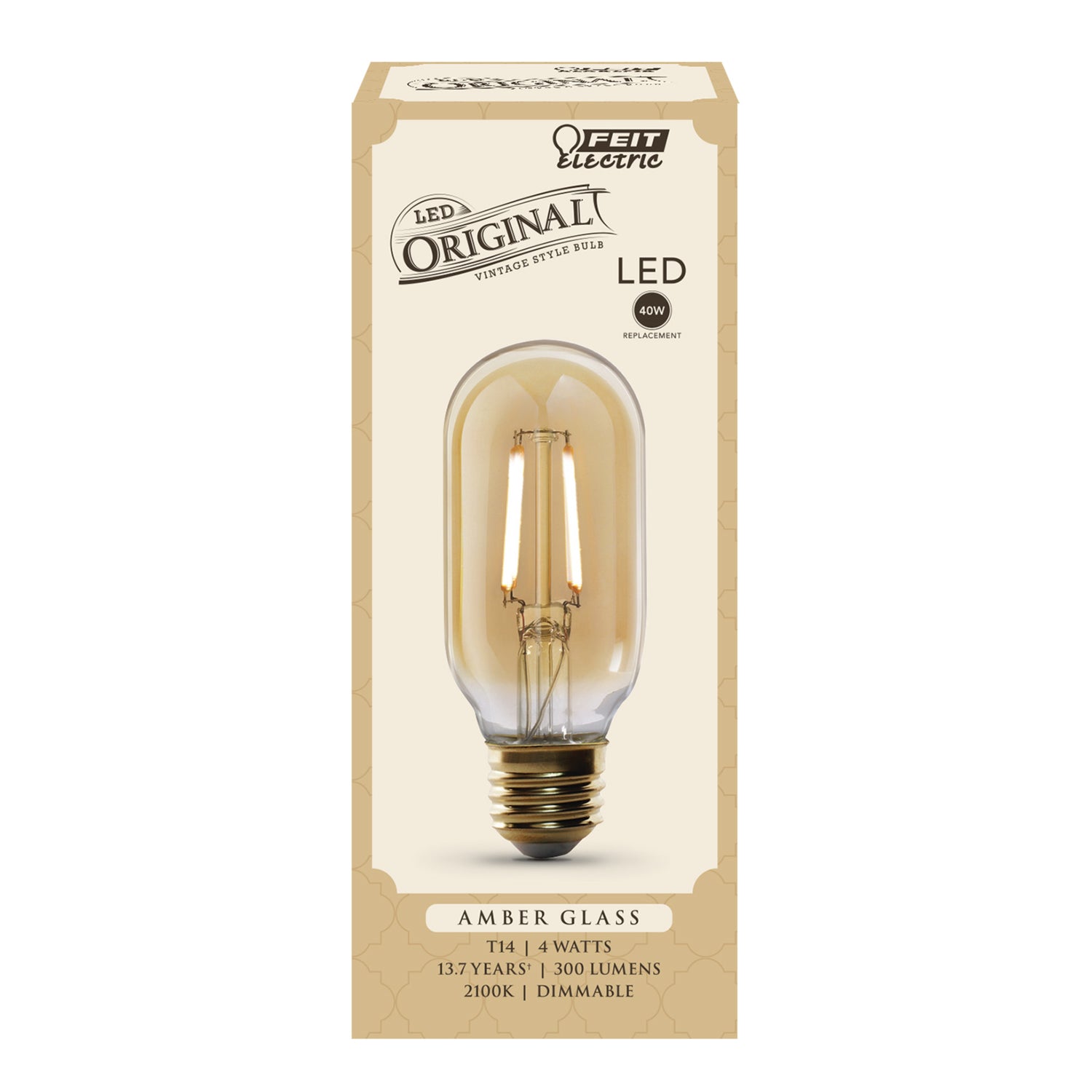 4W (40W Replacement) T14 E26 Dimmable Straight Filament Amber Glass Vintage Edison LED Light Bulb, Soft White