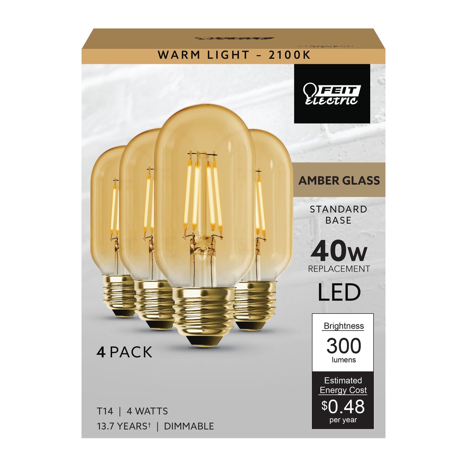 4W (40W Replacement) Warm Light (2100K) E26 Base T14 Amber Glass Filament LED (4-Pack)