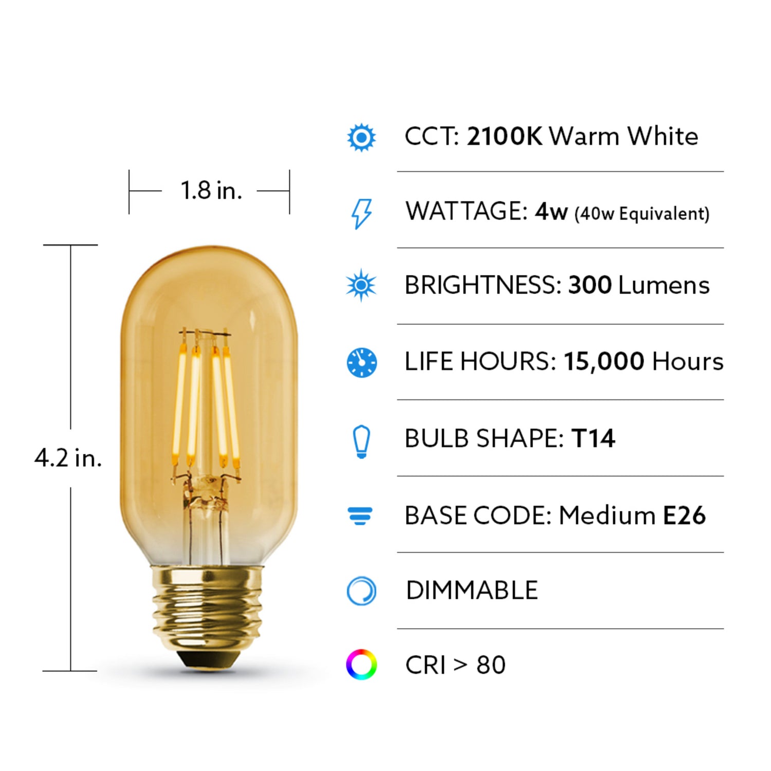 4W (40W Replacement) Warm Light (2100K) E26 Base T14 Amber Glass Filament LED (4-Pack)