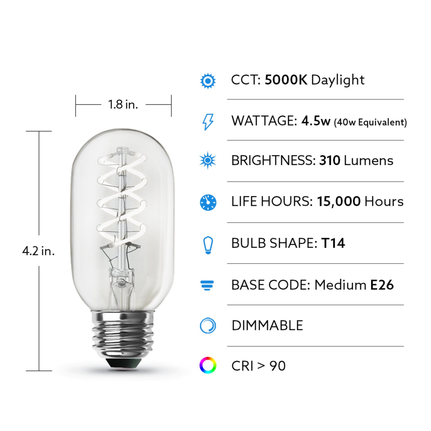 4.5W (40W Replacement) T14 E26 Spiral Filament Clear Glass Vintage Edison LED Light Bulb, Daylight